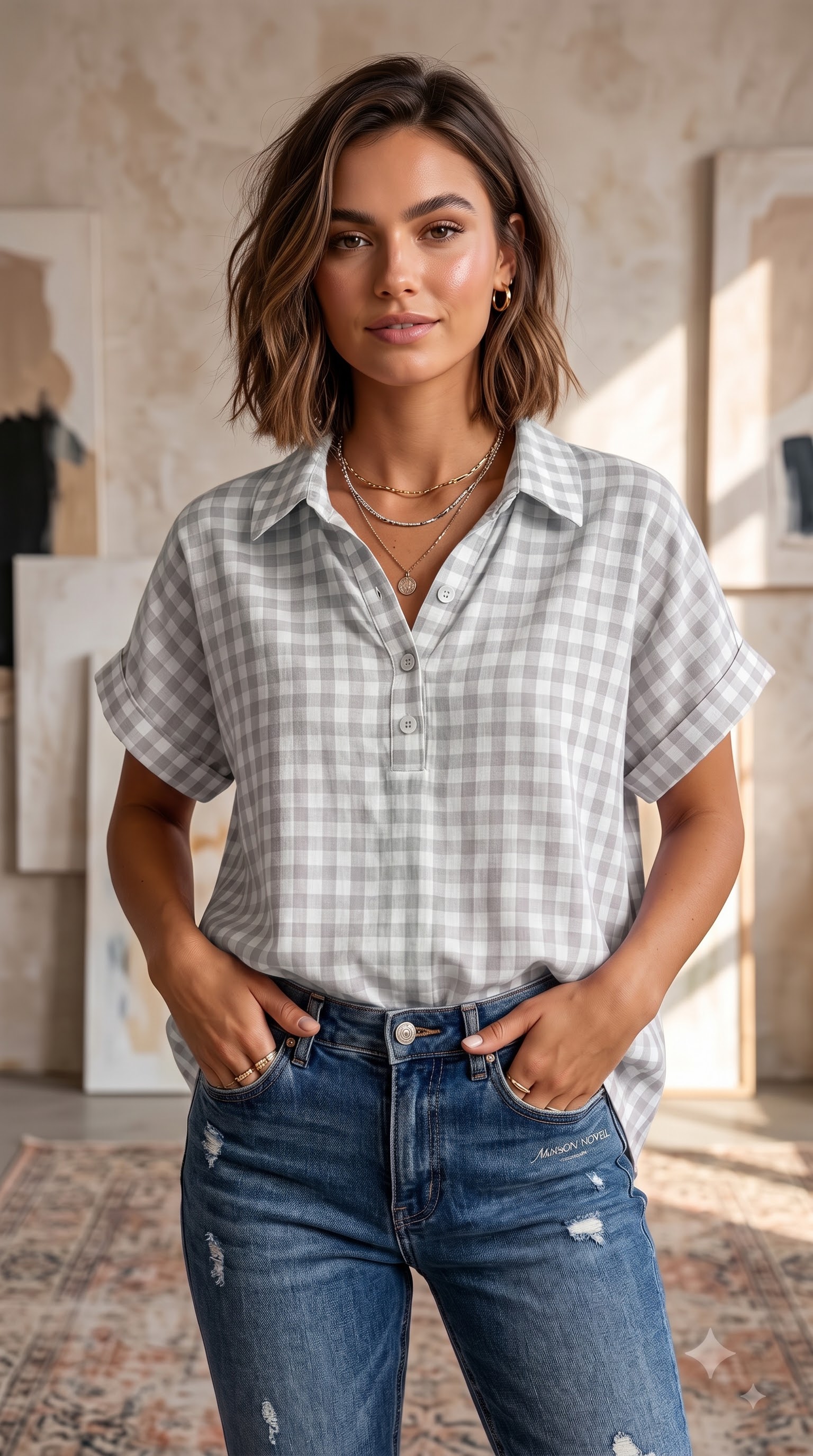 Classic Gingham Cotton-Linen V-Neck Button-Front Blouse