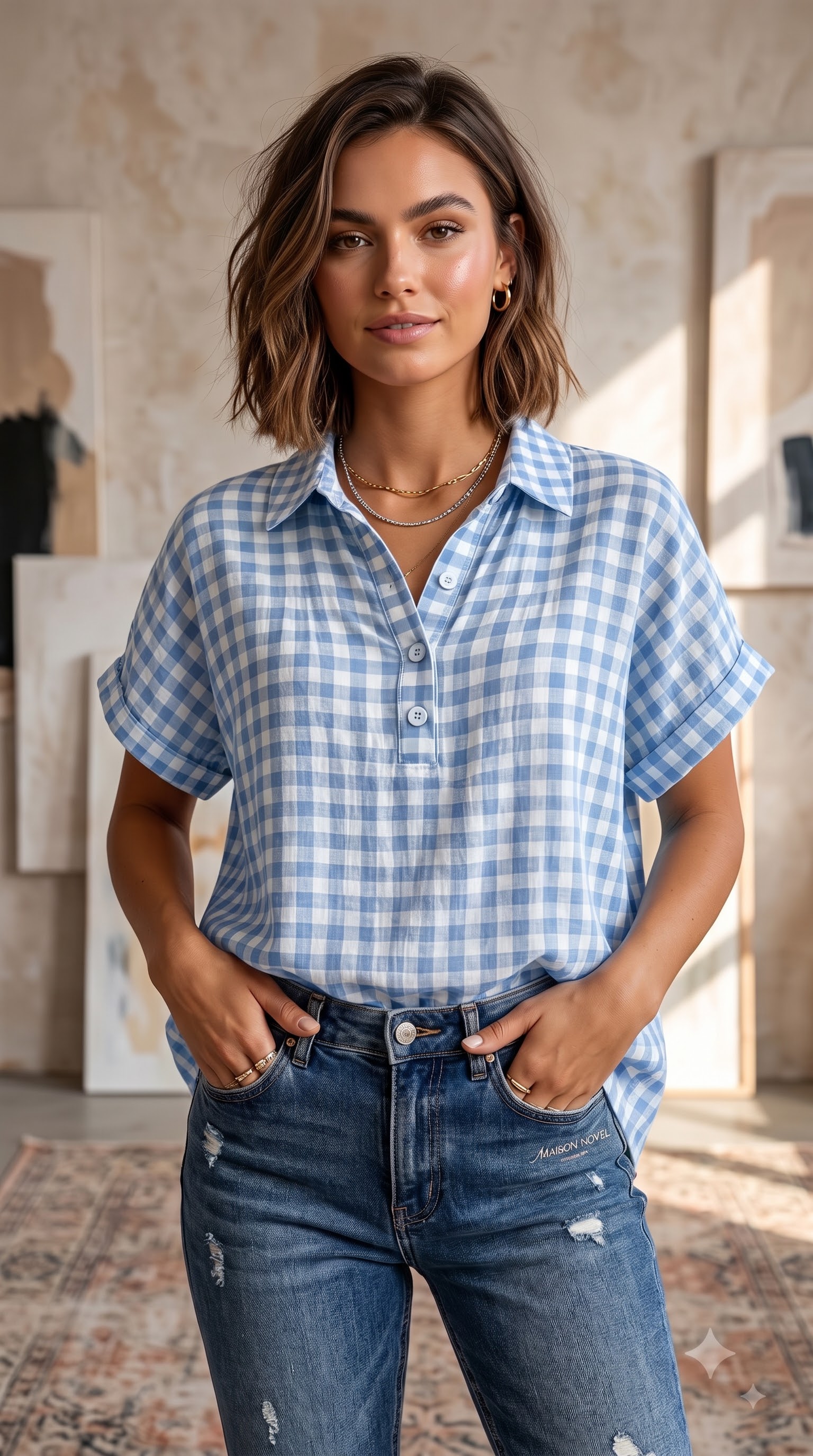 Classic Gingham Cotton-Linen V-Neck Button-Front Blouse