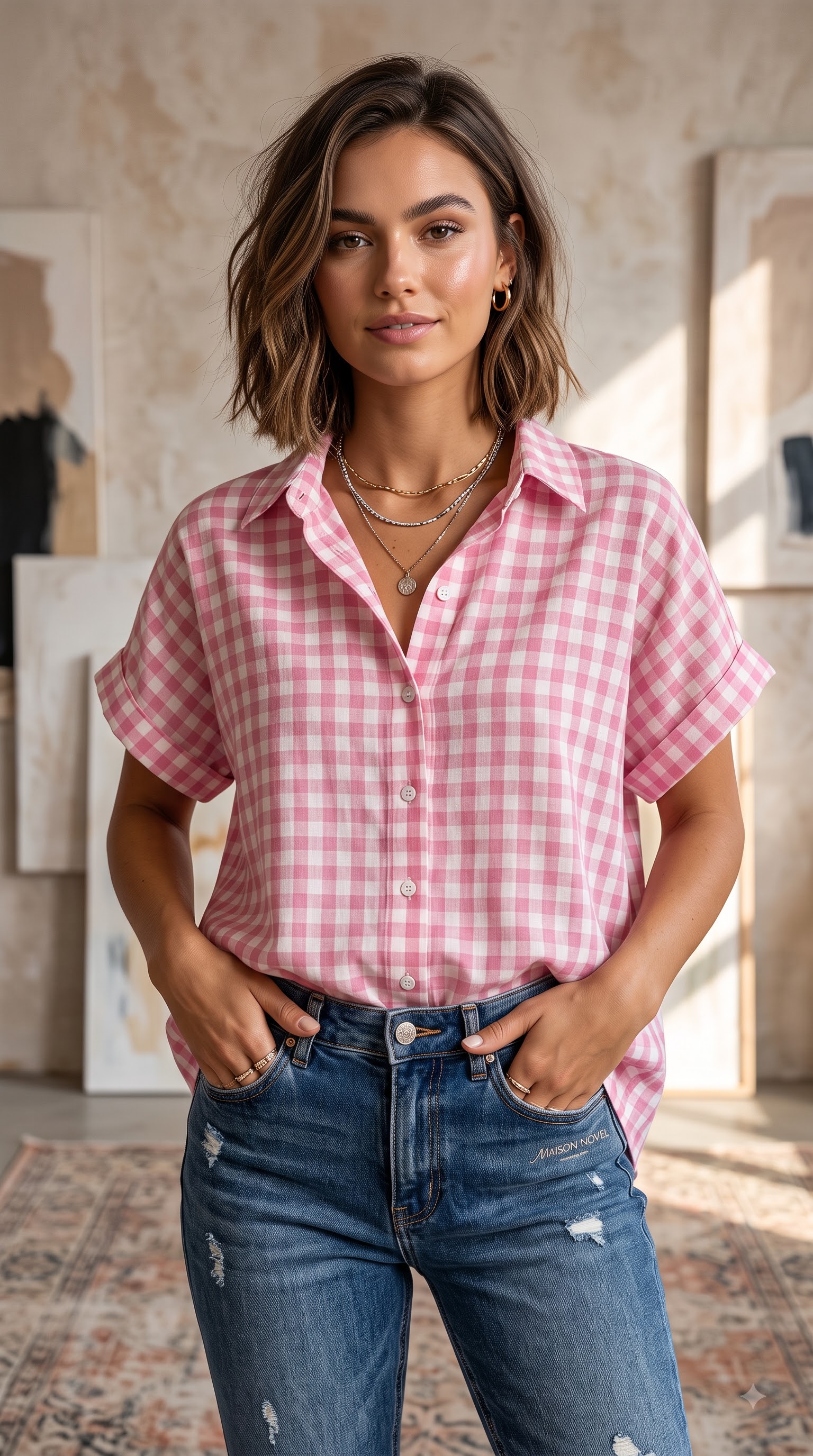 Classic Gingham Cotton-Linen V-Neck Button-Front Blouse