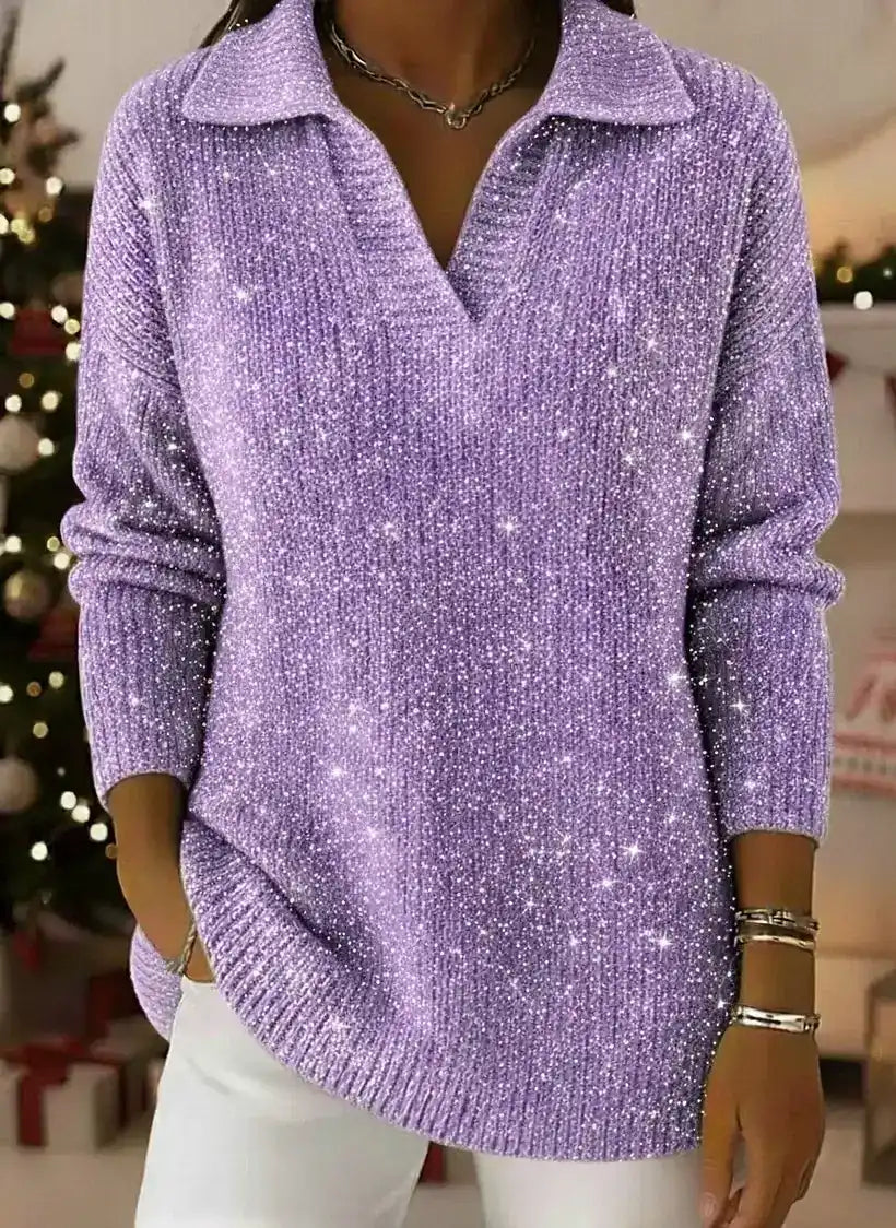 🎄 New Arrivals🔥 Christmas Party Polo Collar Shiny Loose Sweater Top