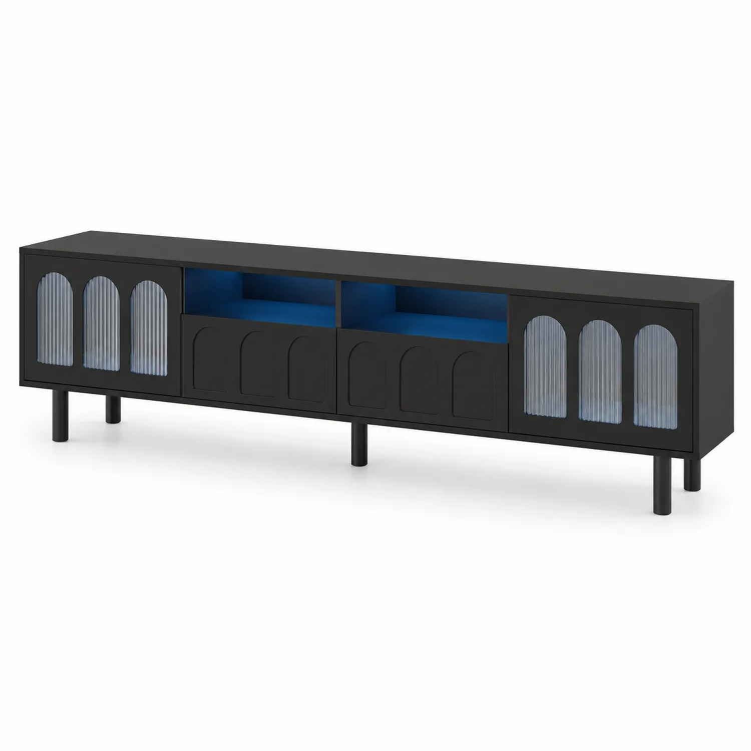 Mobile TV nero in MDF con ante in vetro temperato ondulato-Nordicnestluxe