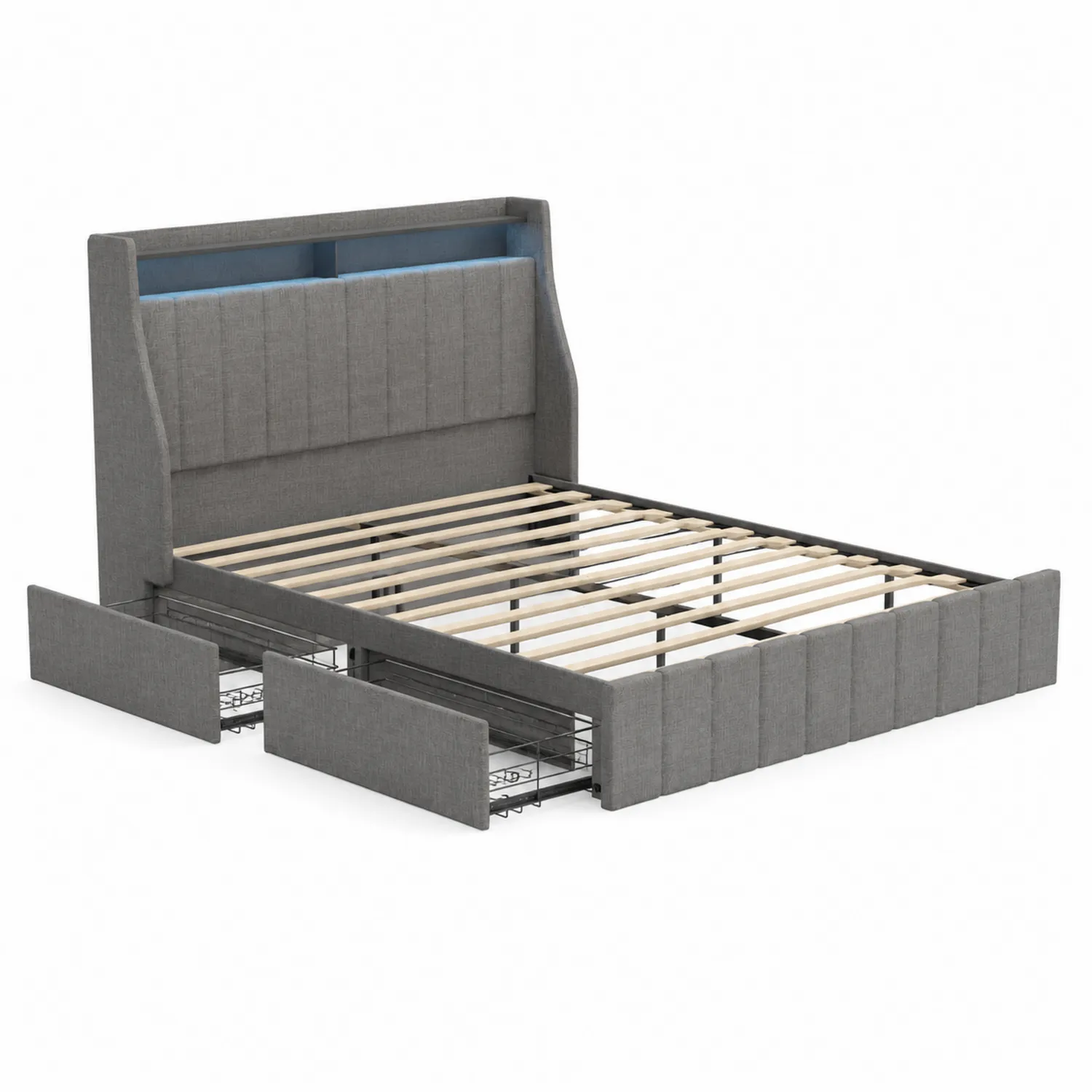 Letto matrimoniale imbottito in tessuto grigio con contenitore-Nordicnestluxe