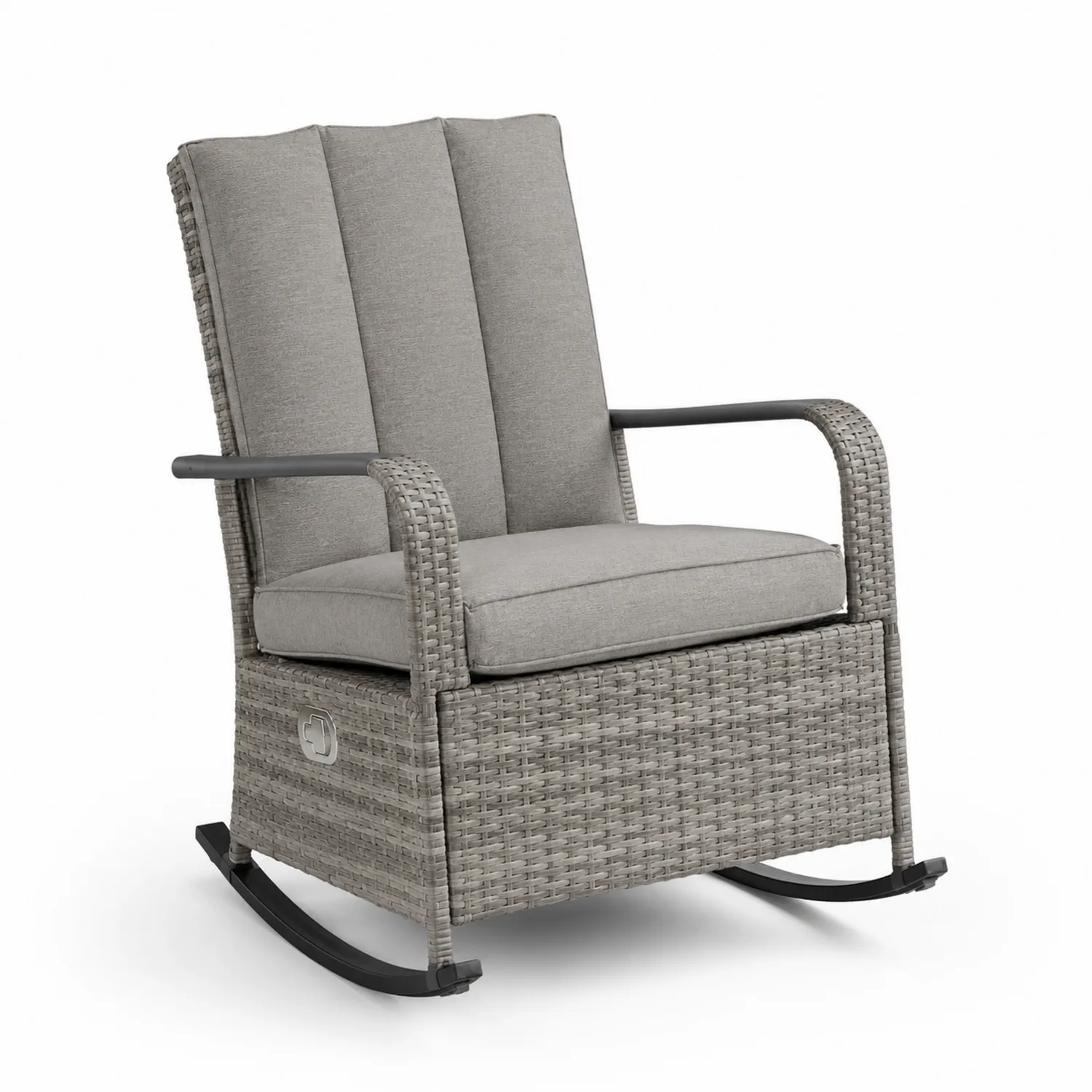 Sedia a dondolo da esterno in rattan grigio con cuscini in poliestere-Nordicnestluxe