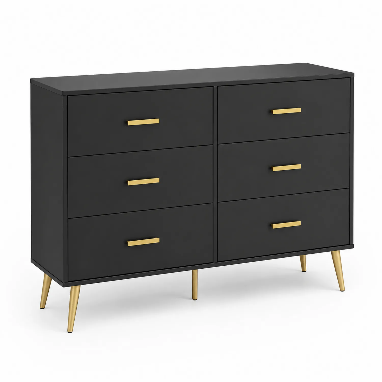 Cassettiera a 6 cassetti in MDF nero con maniglie e gambe in metallo dorato-Nordicnestluxe