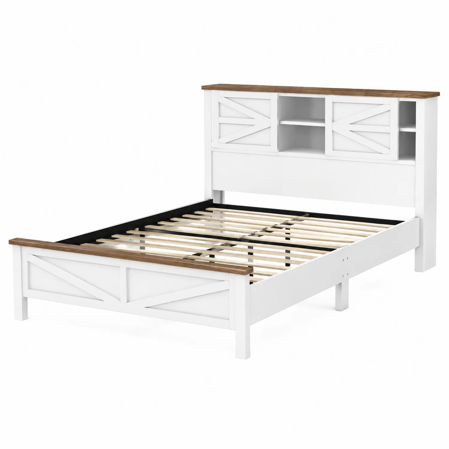 Letto Matrimoniale in Legno Bianco e Marrone con Scaffale-Nordicnestluxe