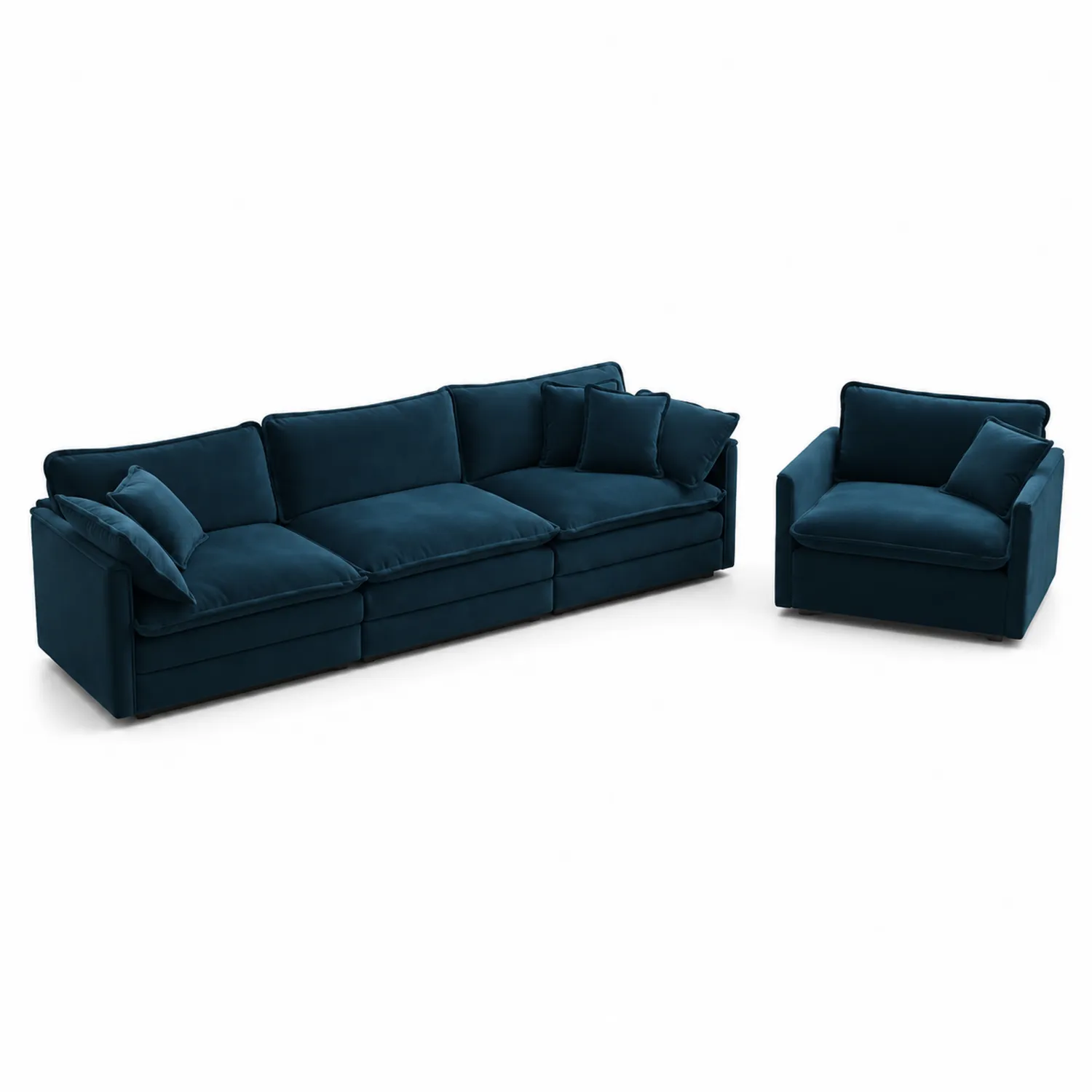 Set Divano 3 Posti e Poltrona in Velluto Blu-Nordicnestluxe