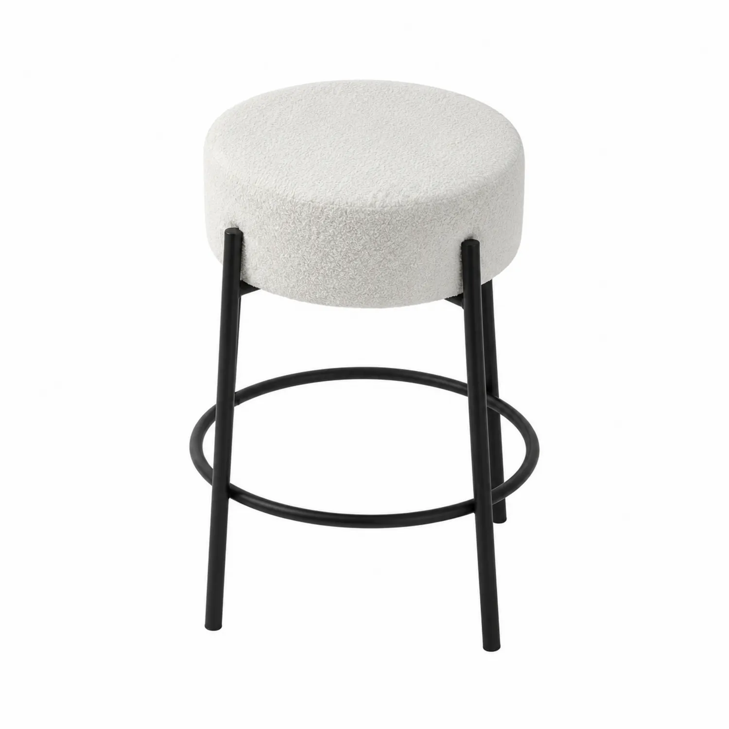 Sgabello Rotondo in Tessuto Bianco con Struttura in Metallo Nero-Nordicnestluxe