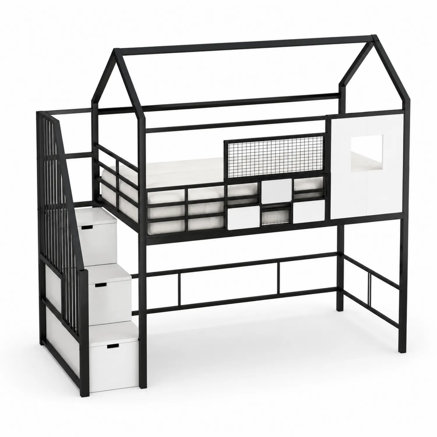 Letto a Castello in Metallo e MDF con Scaletta e Area Gioco 205x113x197 cm