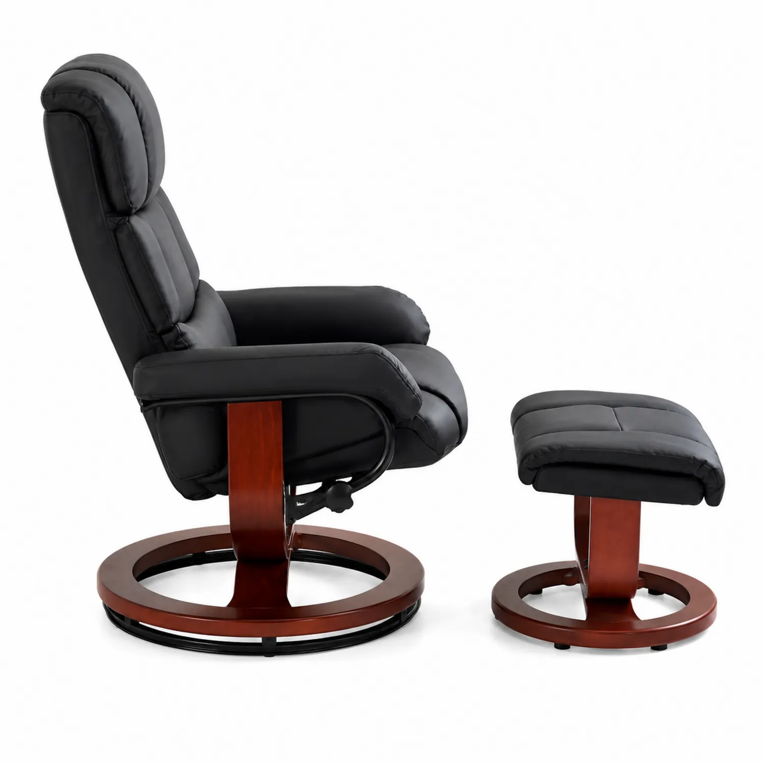 Poltrona reclinabile in pelle sintetica nera con base in legno