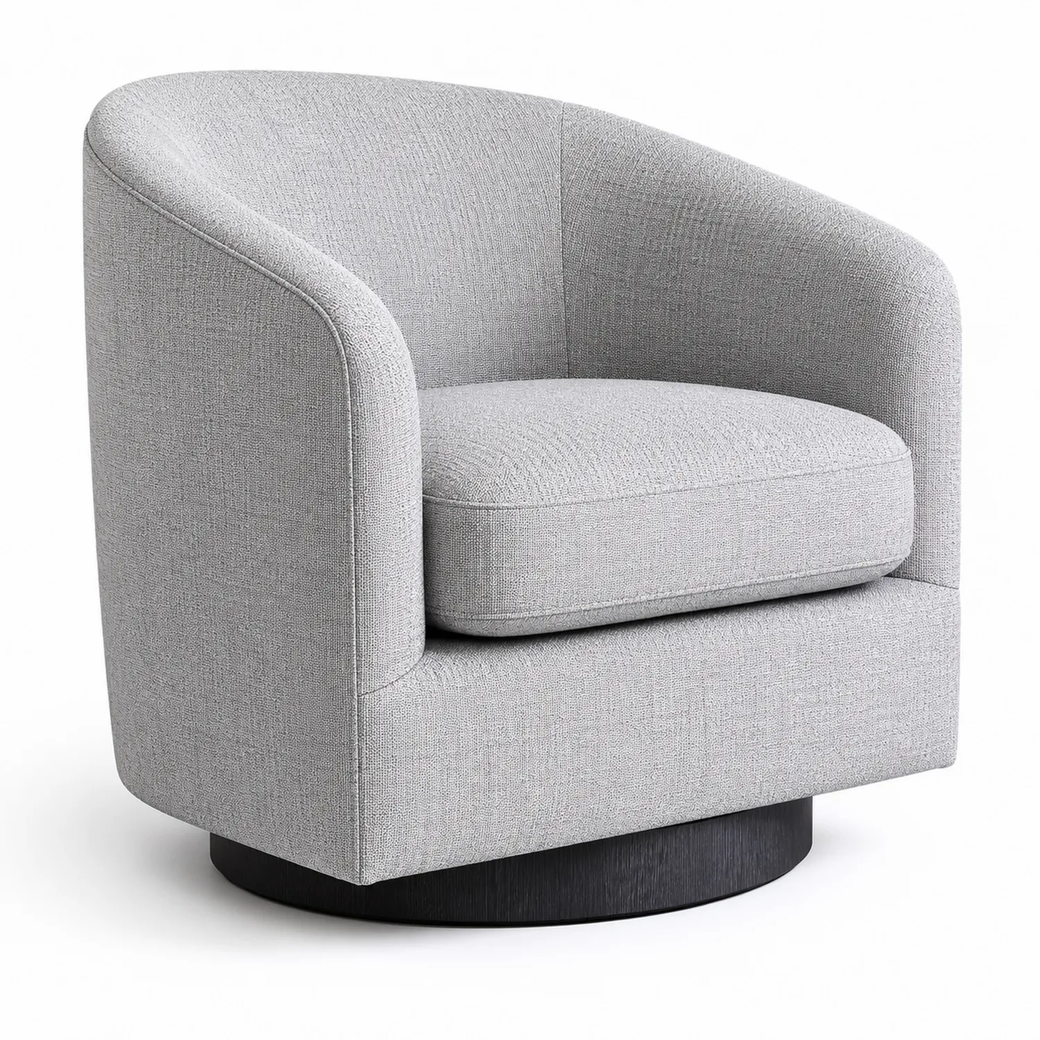 Poltrona girevole in tessuto grigio chiaro con base in legno