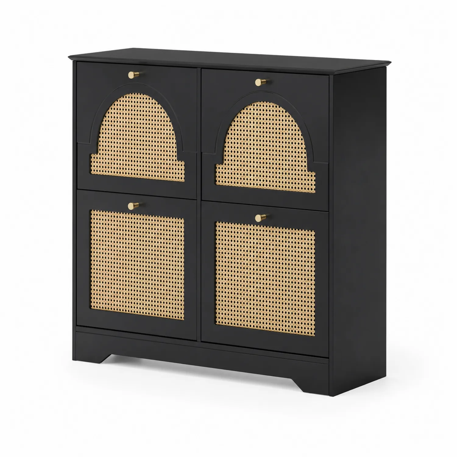 Scarpiera Nero in Legno e Rattan Naturale 90x35x100 cm
