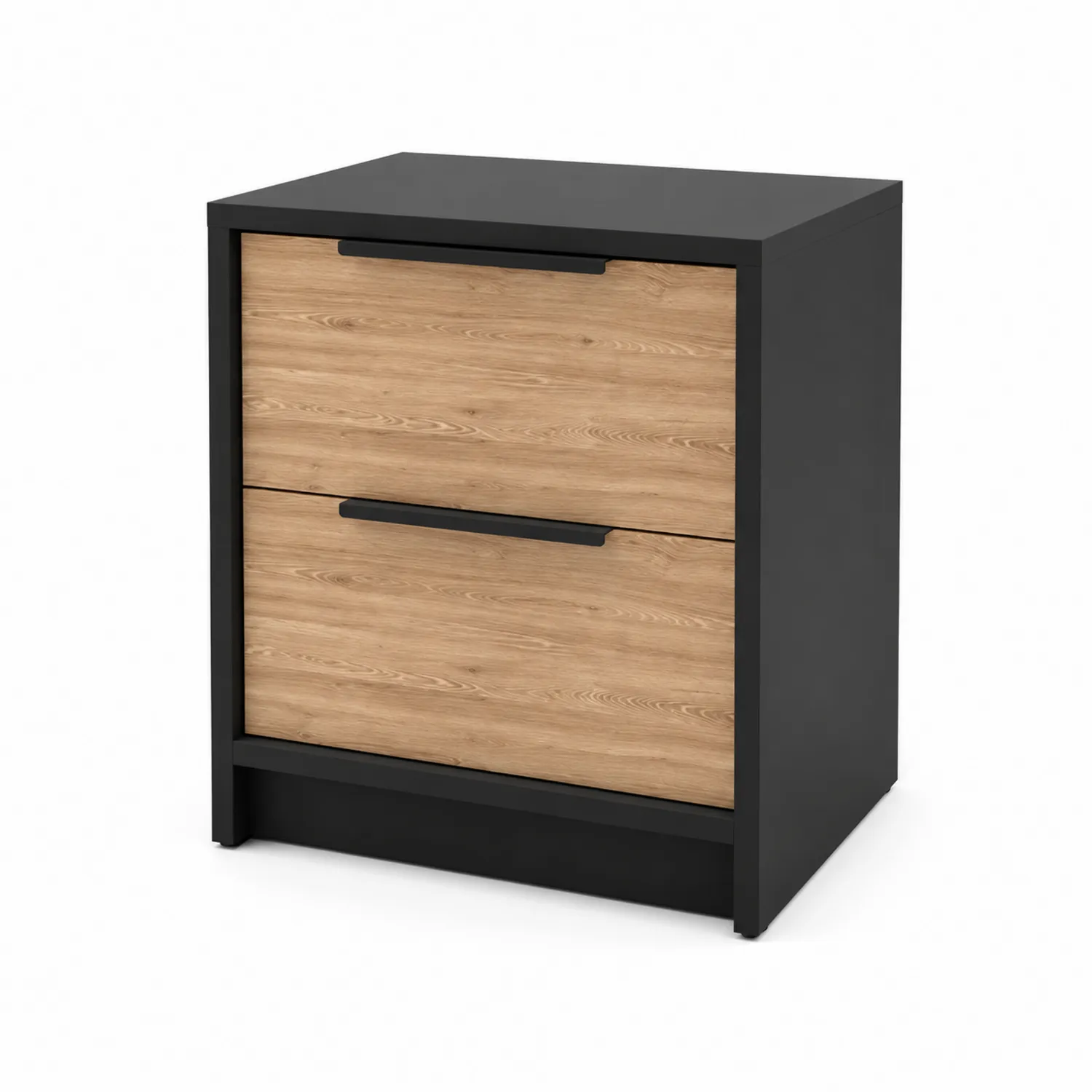 Comodino con cassetti in MDF effetto quercia e metallo nero