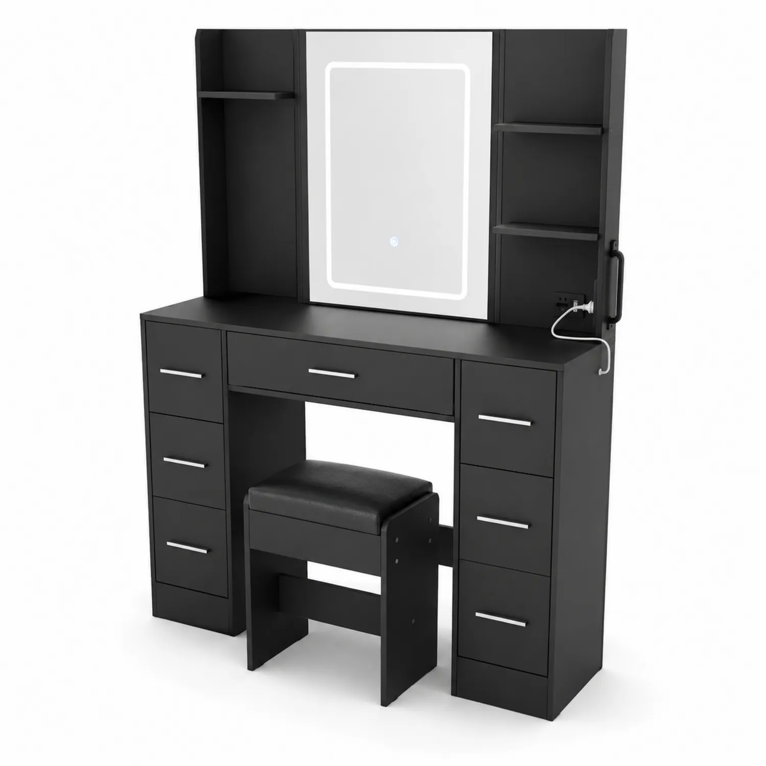Tavolo da Trucco in Legno MDF con Specchio LED e Sgabello, Nero