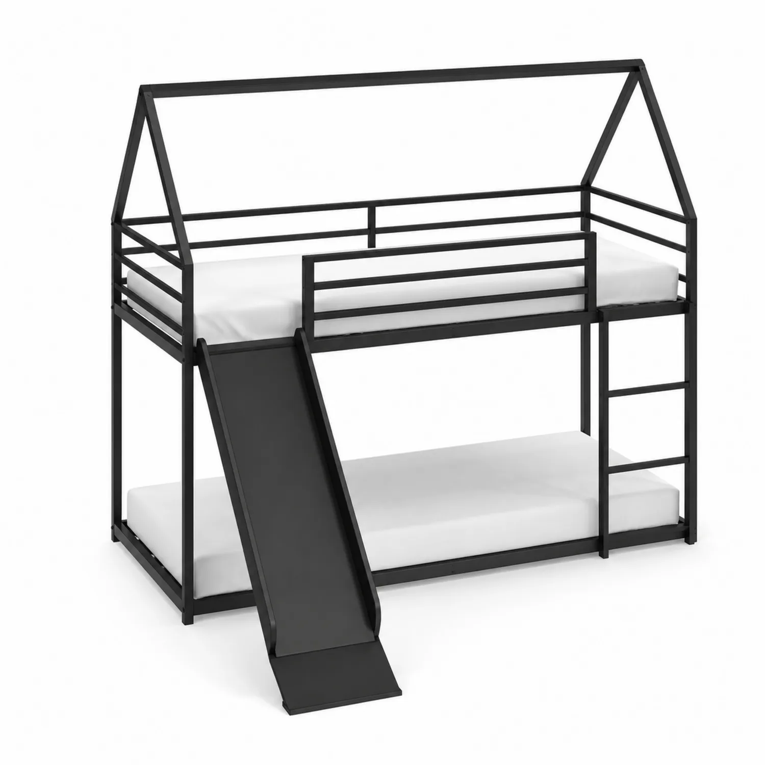 Letto a castello in acciaio nero con scivolo e tetto a casetta