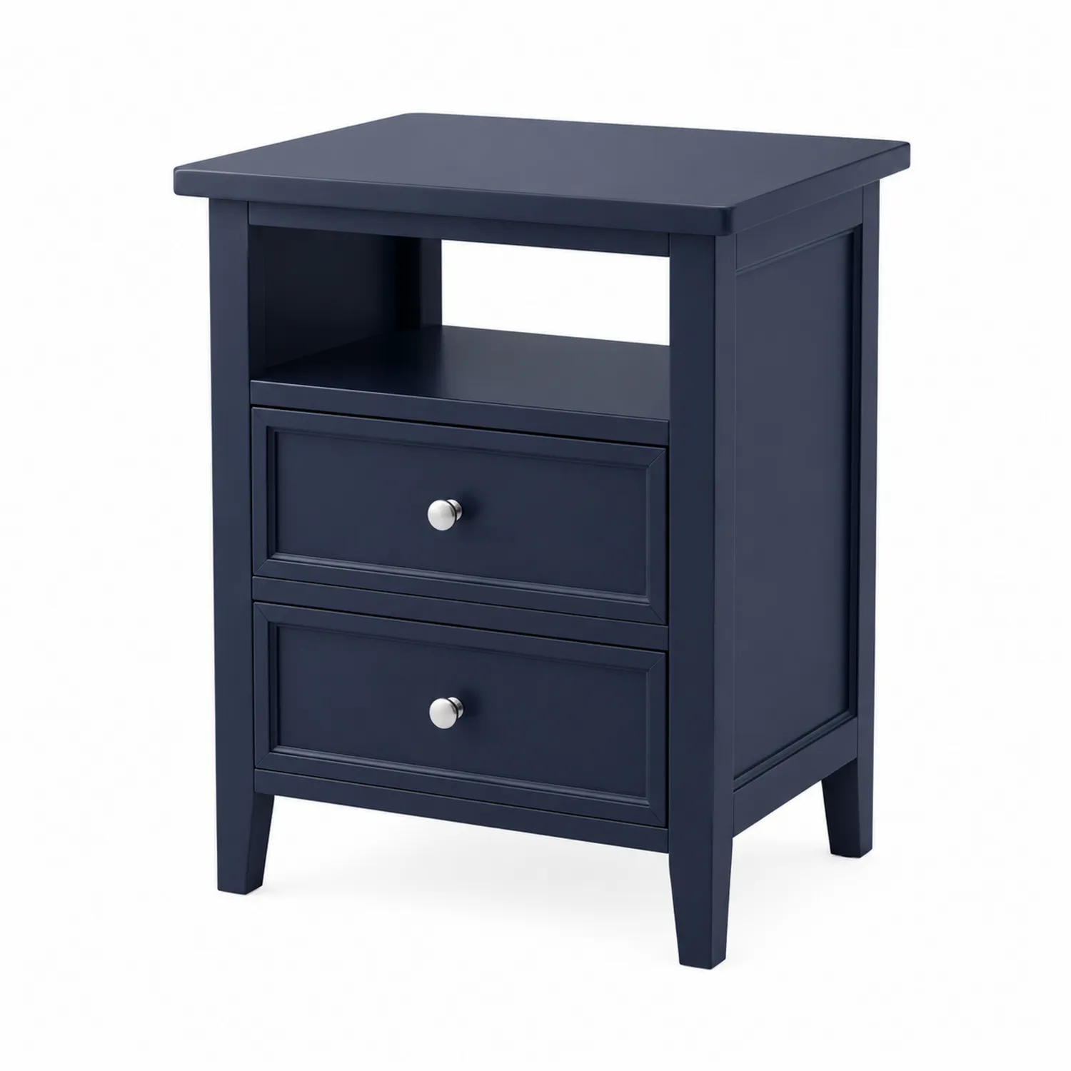 Comodino a 2 cassetti in legno blu con ripiano aperto