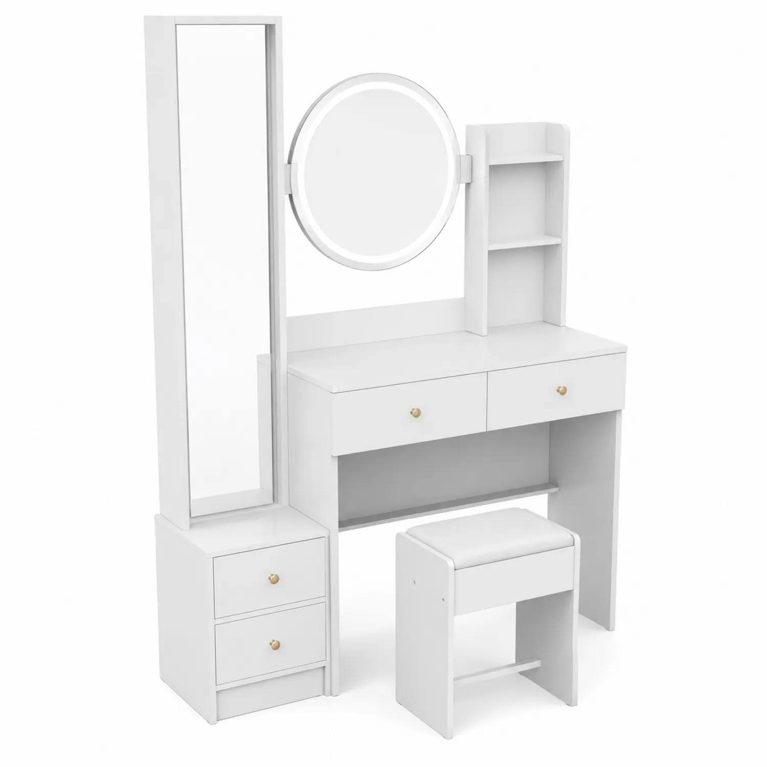 Set Toeletta con Specchio Rotondo LED e Sgabello Bianco