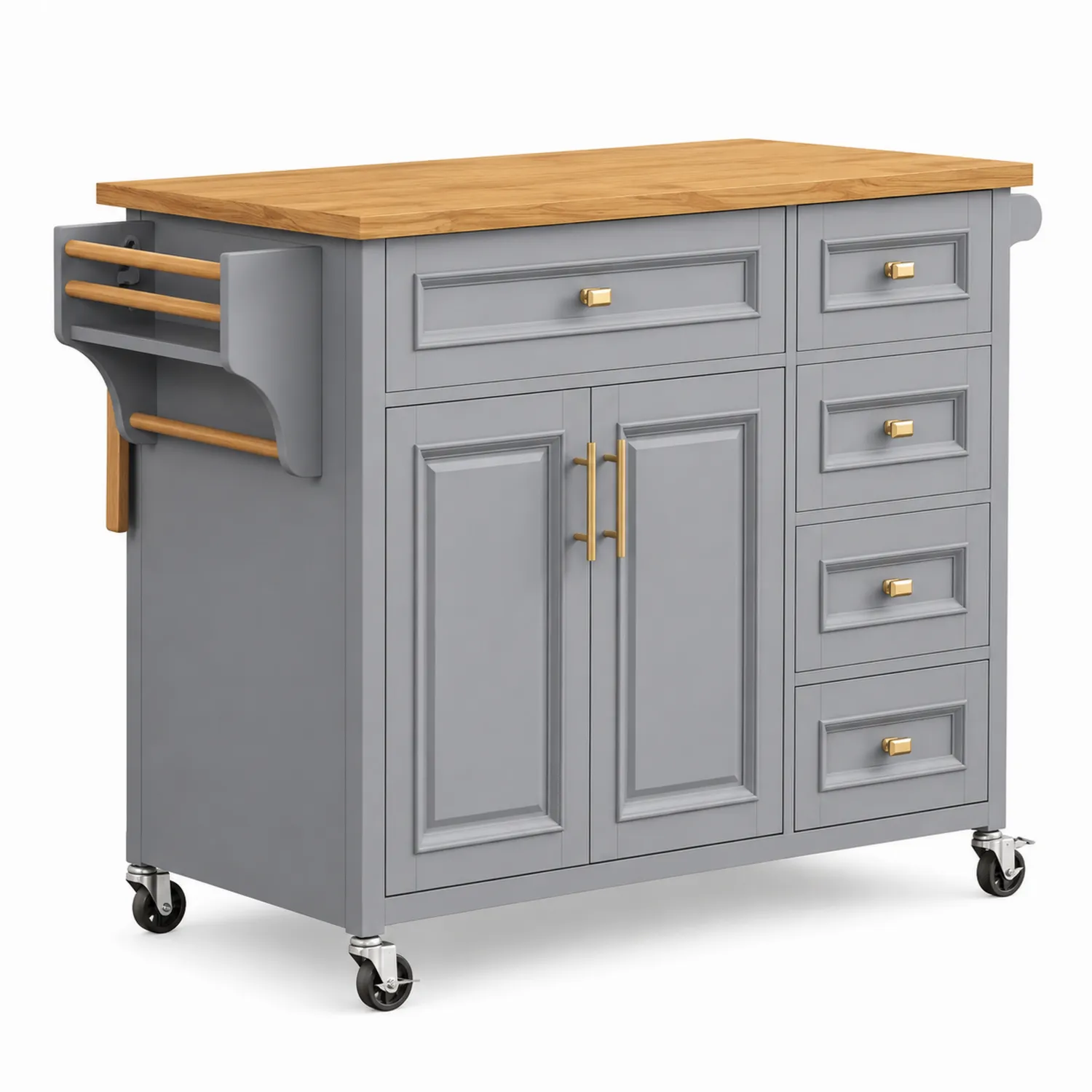 Carrello da Cucina in Legno Grigio con Cassetti e Ante, 90x45x85 cm