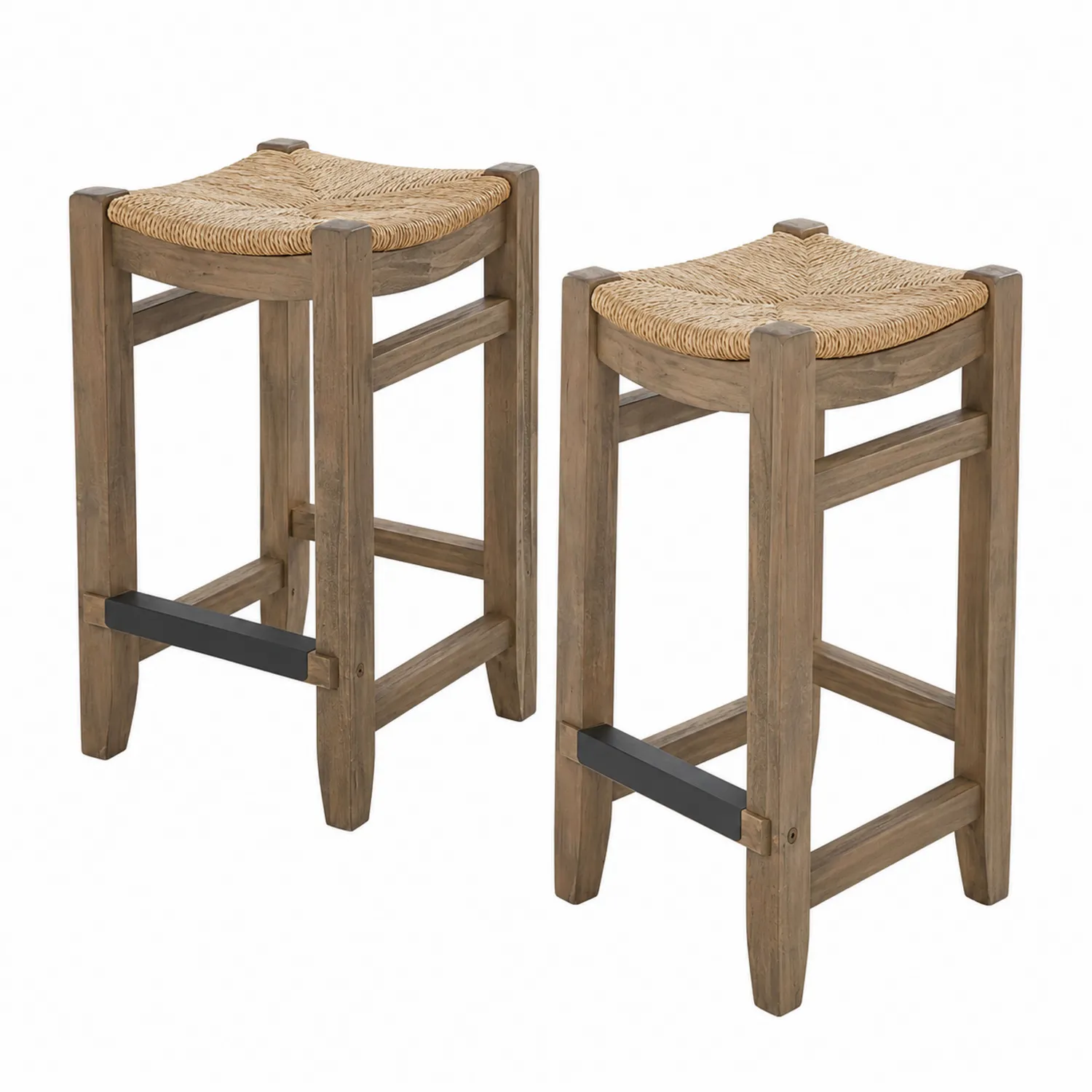 Set di 2 Sgabelli da Bar in Legno e Rattan Naturale, Altezza 75 cm