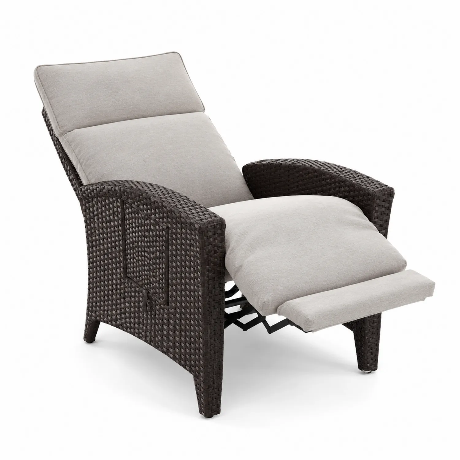 Poltrona reclinabile in rattan marrone con cuscini in tessuto grigio