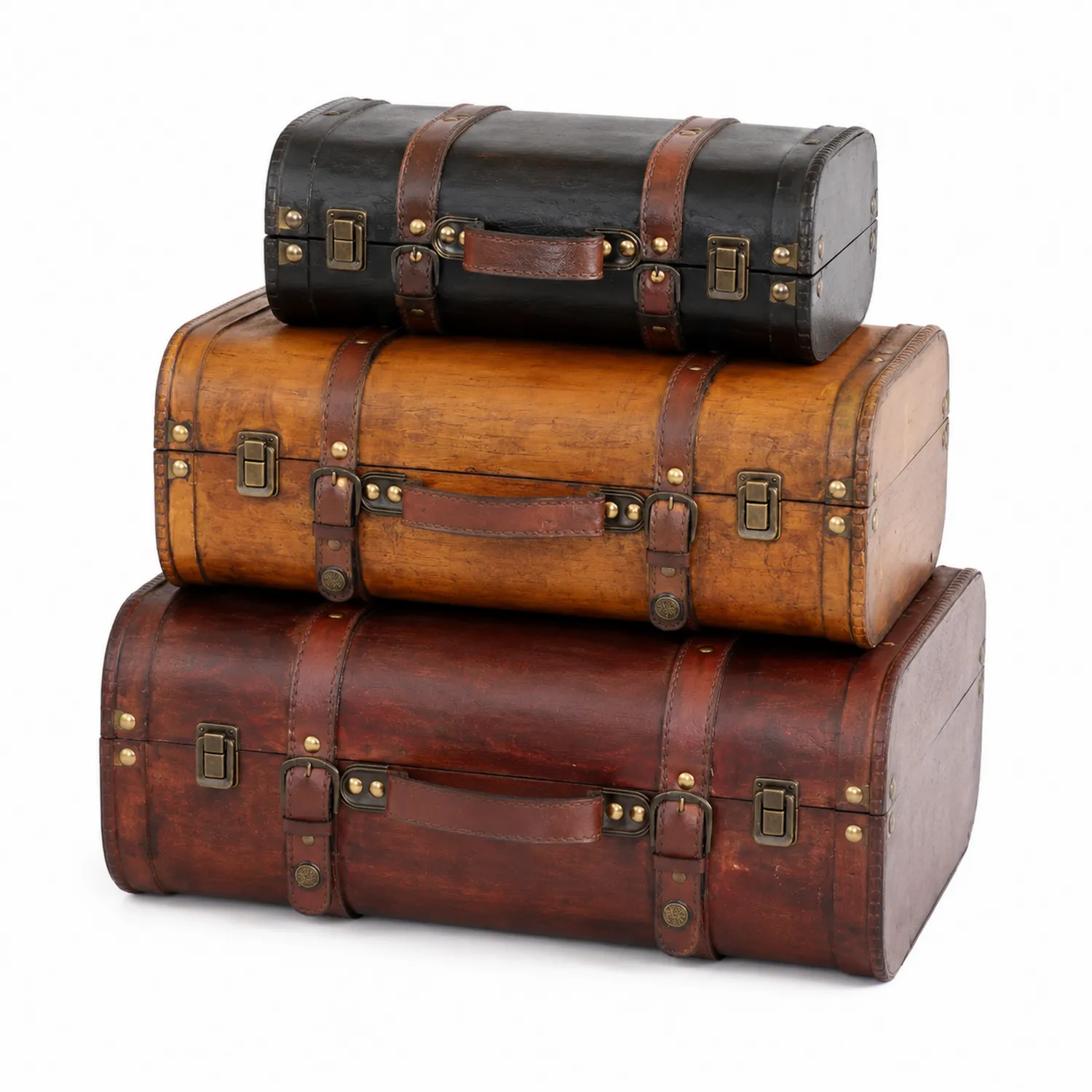 Set di valigie decorative in legno e pelle sintetica, Nero/Marrone chiaro/Marrone scuro, 3 pezzi