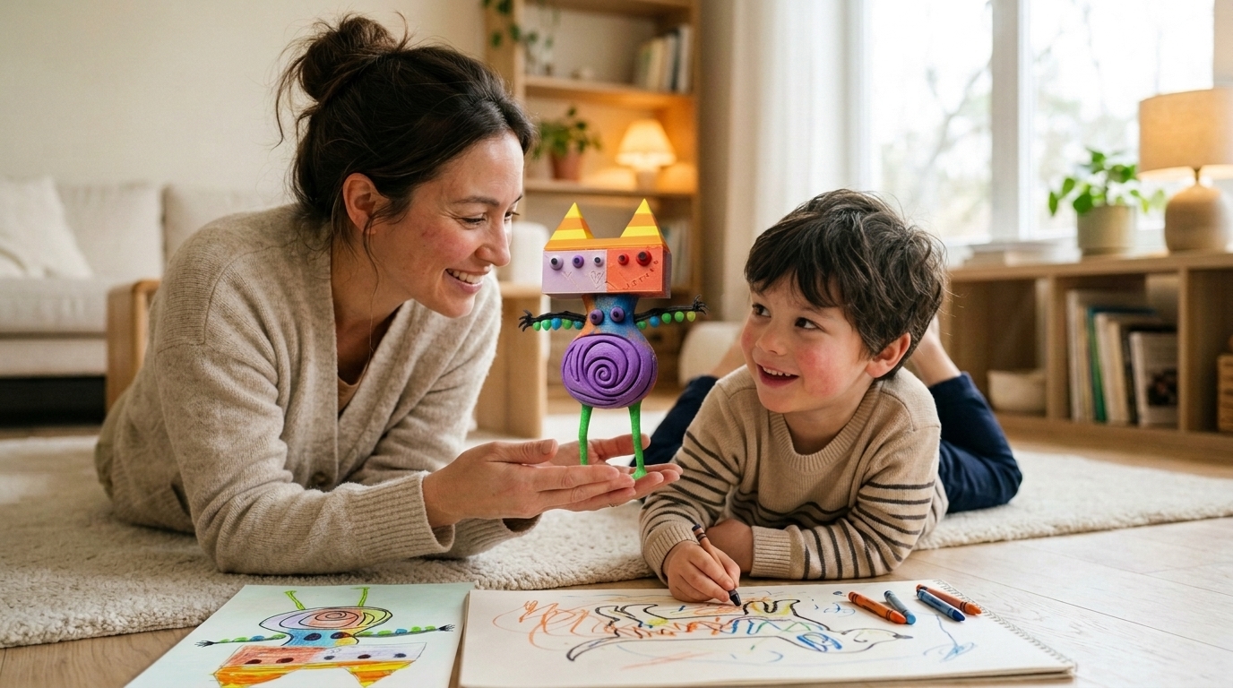A mother and son lying on a living room rug, smiling at a colorful 3D-printed toy figurine that brings the child's drawing to life. The 3D resin ornament perfectly matches the colorful monster doodle on the paper nearby.