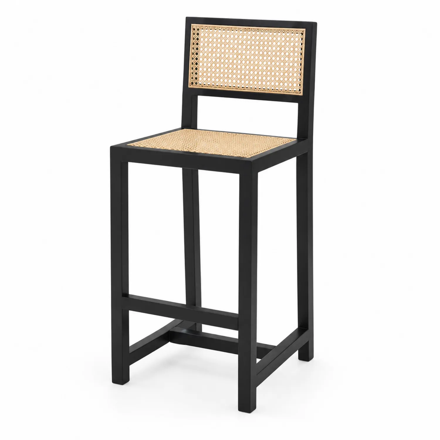 Sgabello da Bar in Legno con Rattan Nero/Naturale