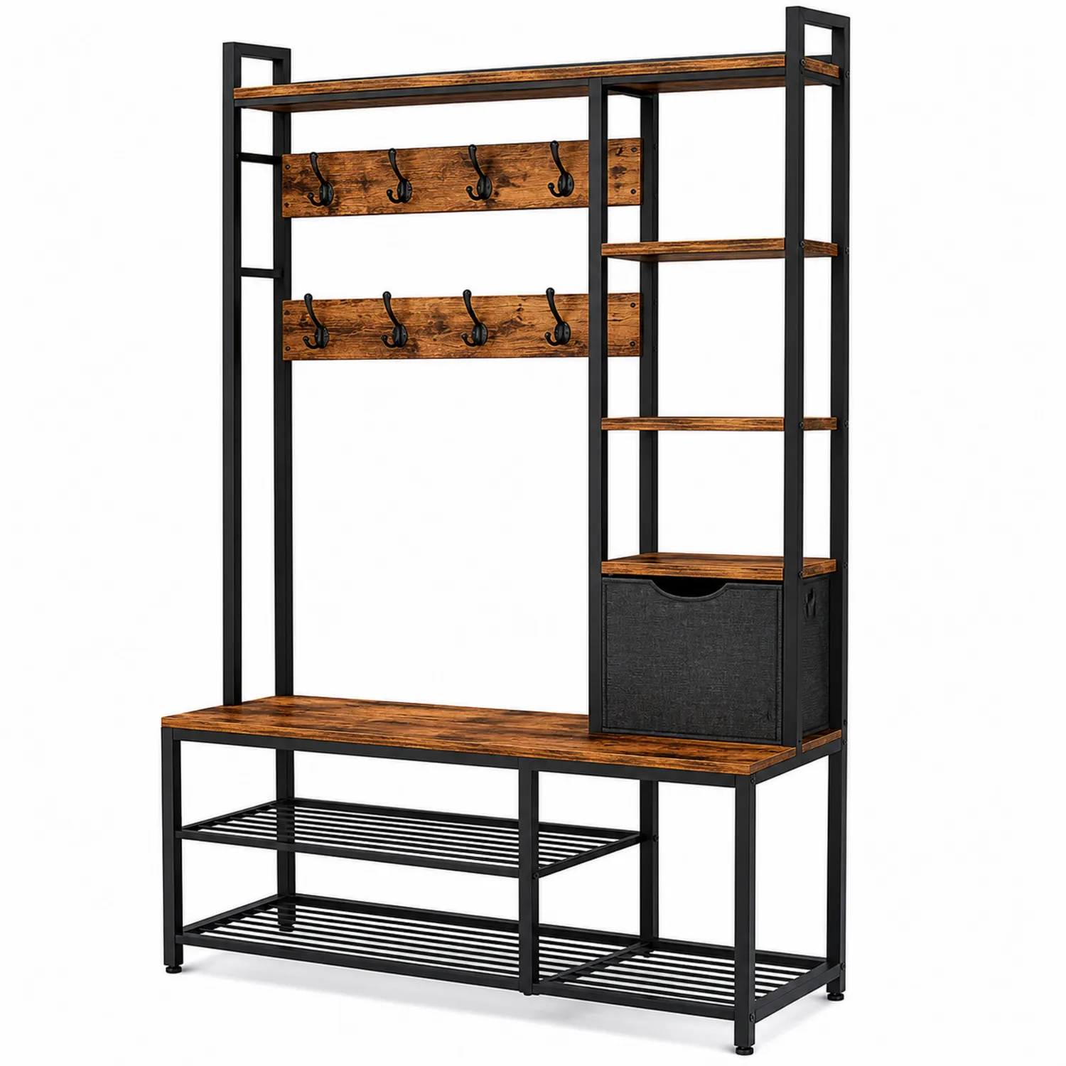Appendiabiti con Panchina e Ripiani in Metallo e Legno, 180x120x40 cm