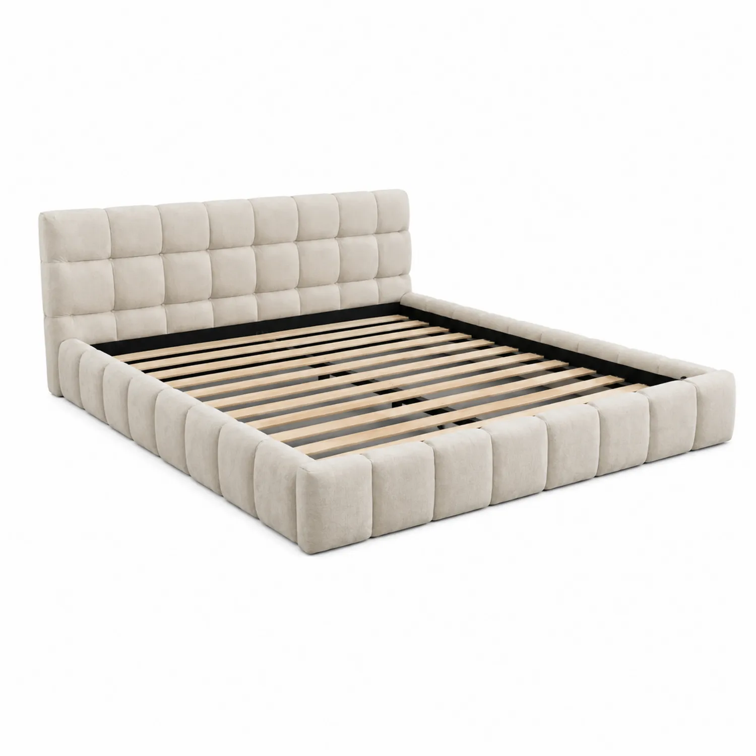 Letto matrimoniale in legno e velluto beige 160x200 cm