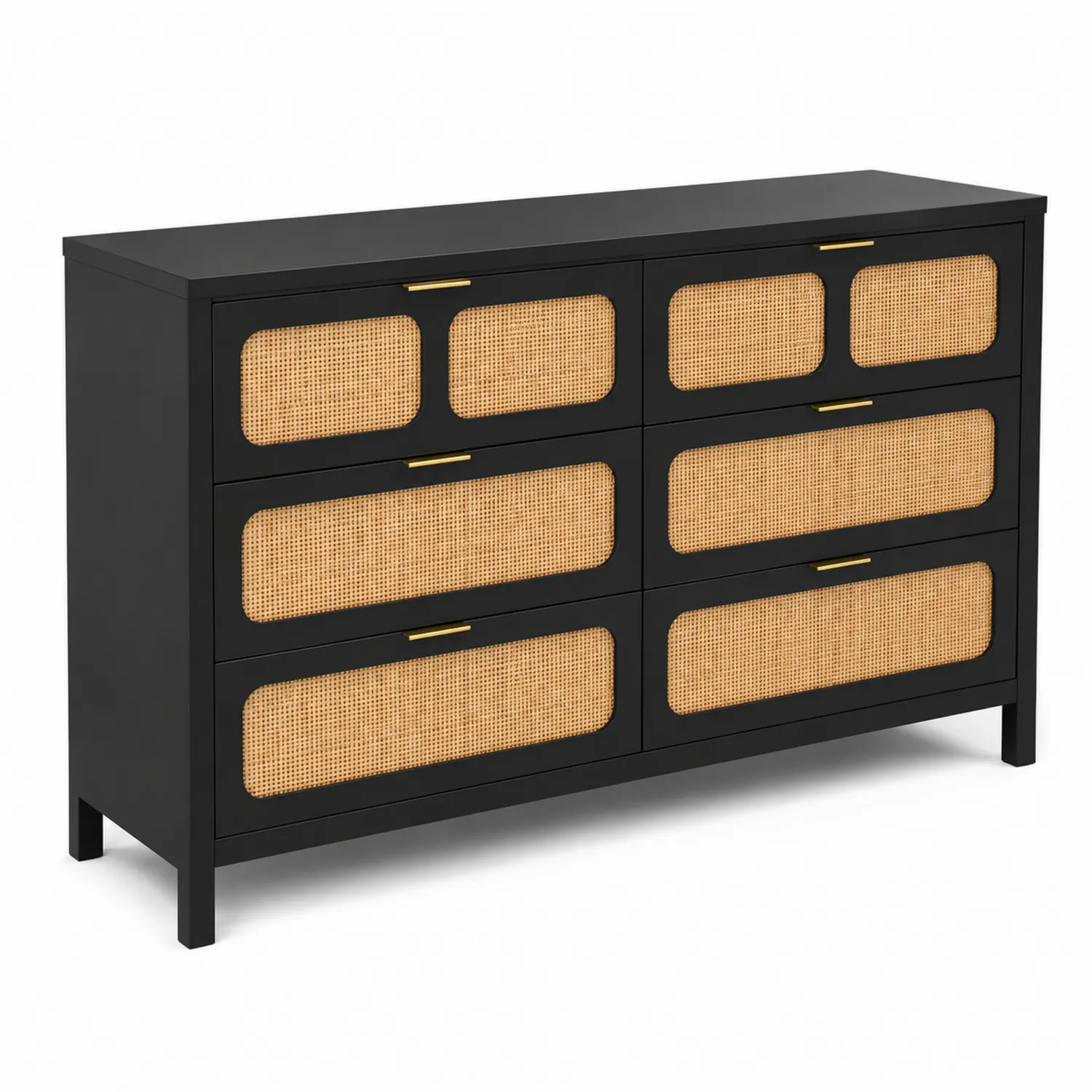 Cassettiera in Legno e Rattan Nero