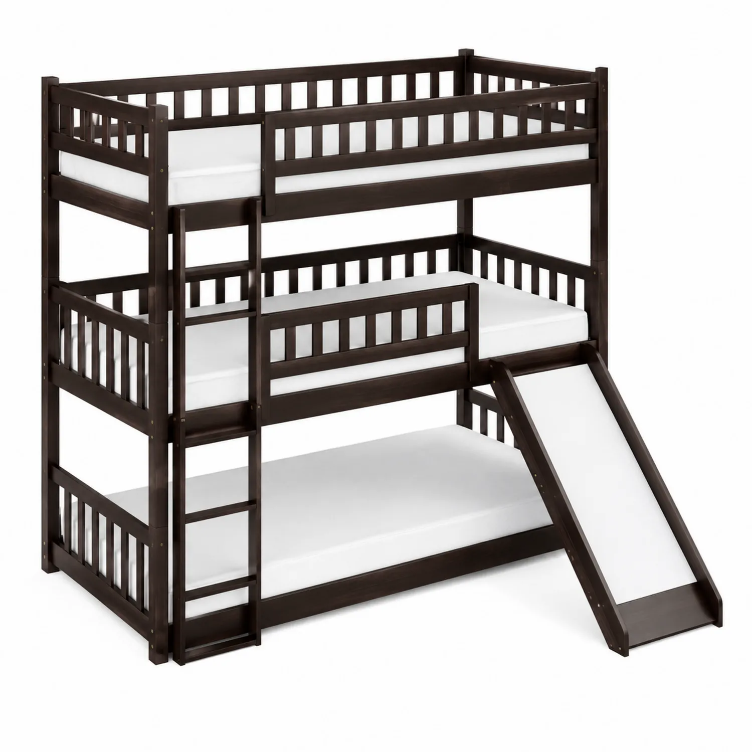 Letto a castello triplo in legno massello marrone scuro con scivolo