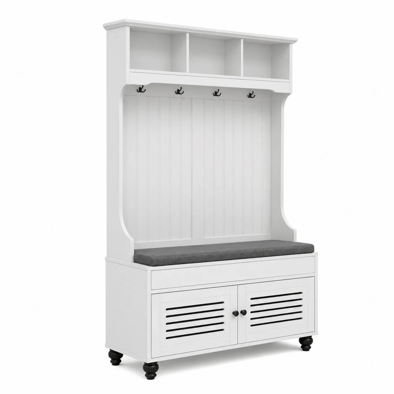Panca con Ripiani e Ganci per Ingresso Legno Bianco