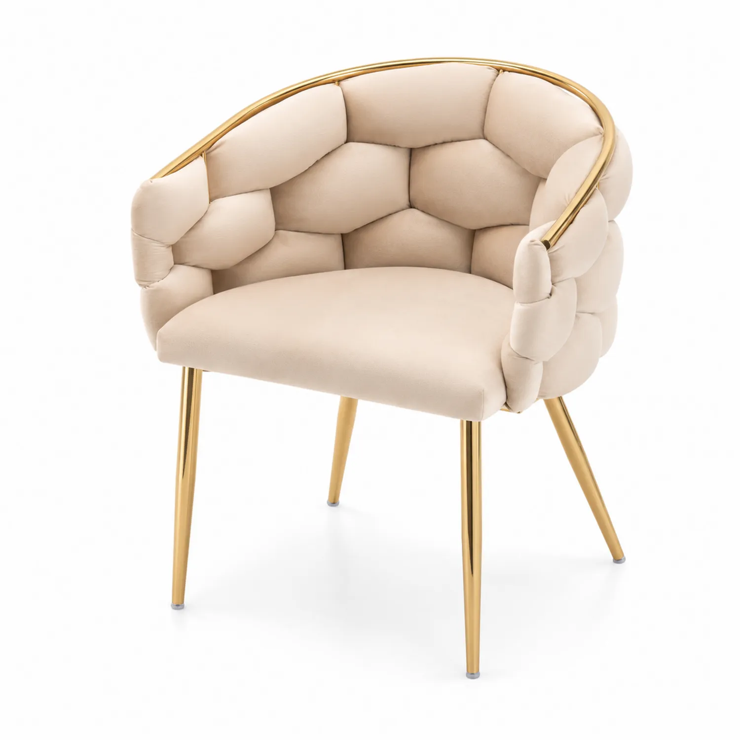 Sedia imbottita in velluto beige con gambe in metallo dorato
