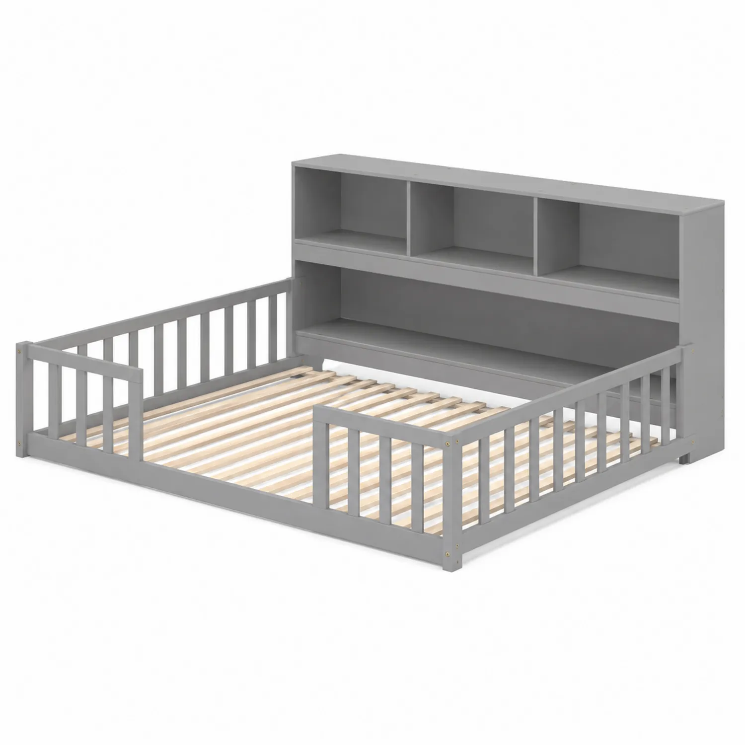 Letto singolo grigio per bambini con libreria in legno di pino 200x90 cm