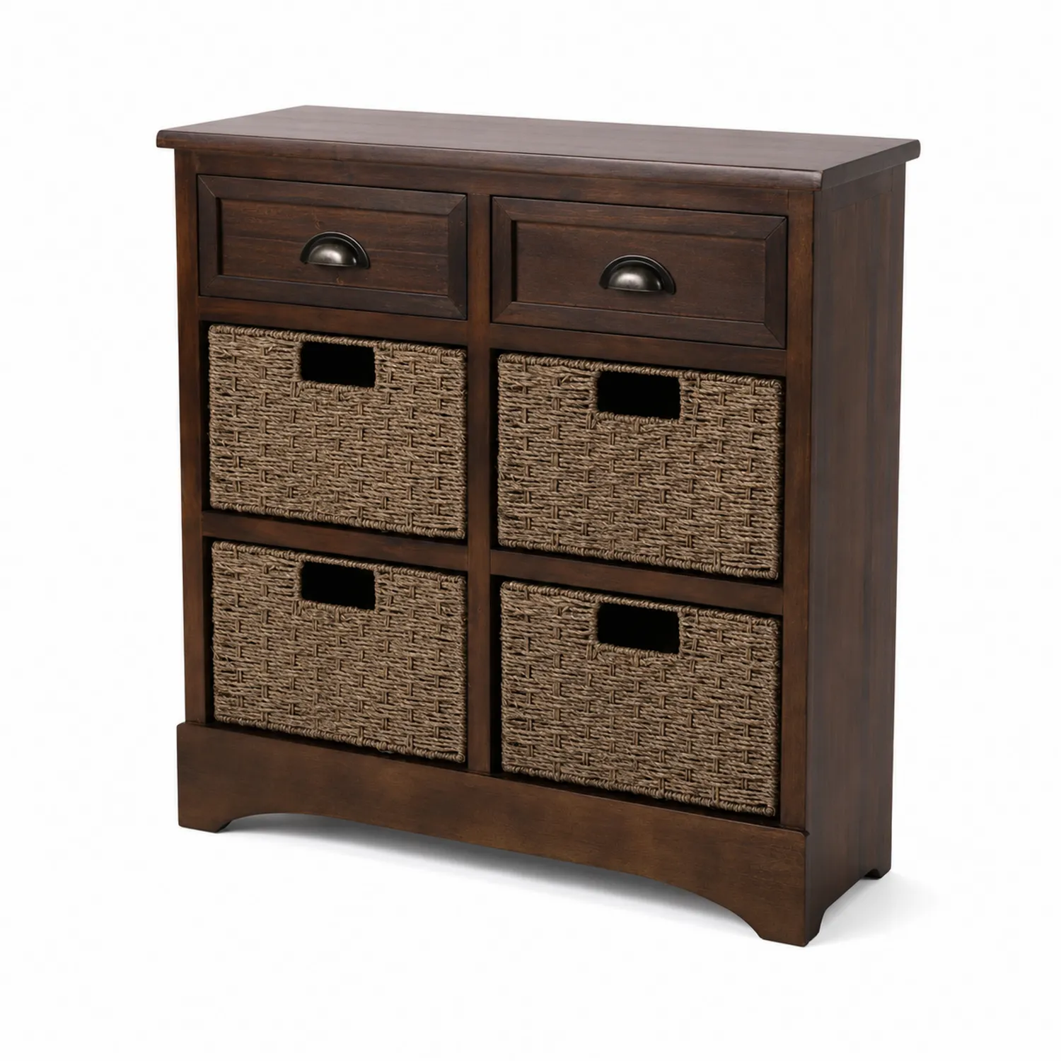 Cassettiera in legno con cassetti e cestini intrecciati marrone