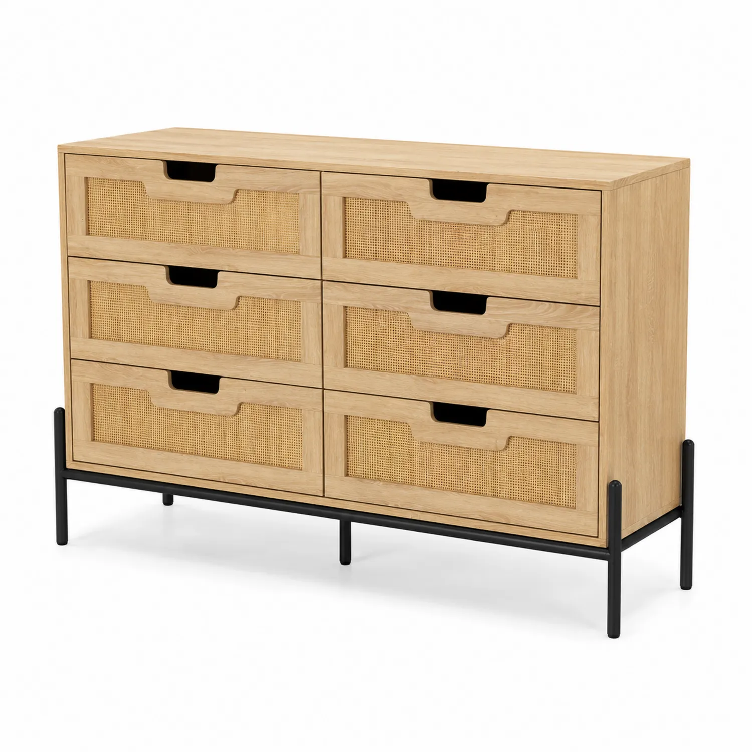 Cassettiera in Legno e Rattan con Metallo