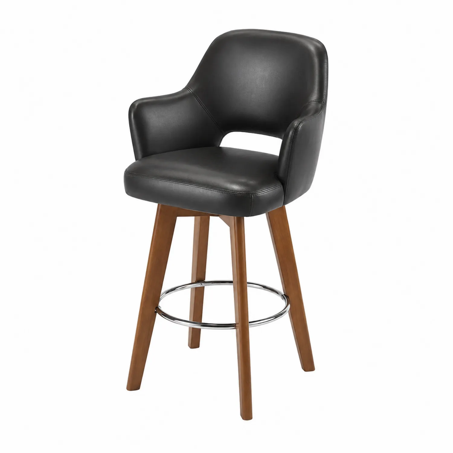 Sgabello da Bar in Pelle Sintetica Nera con Gambe in Legno