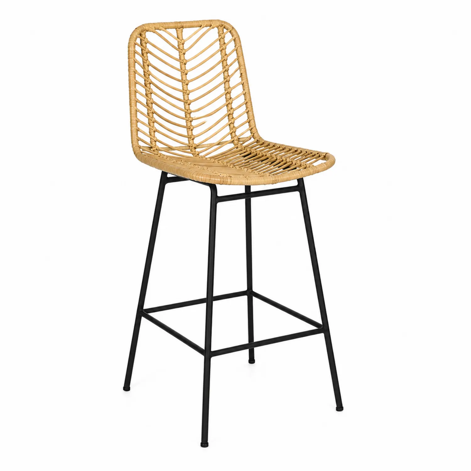 Sgabello da Bar in Rattan con Struttura in Metallo Nero