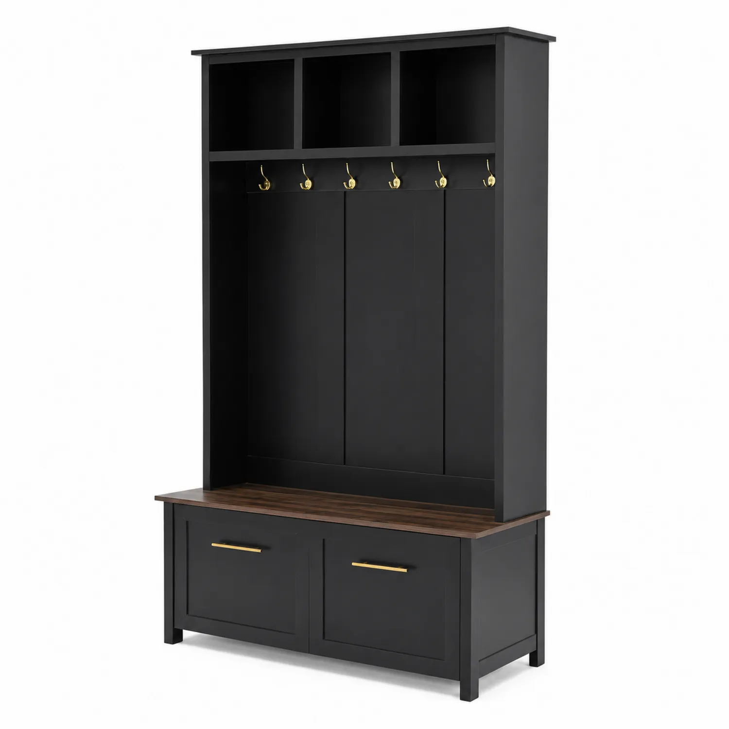 Appendiabiti nero con panca e scaffali in legno MDF e metallo
