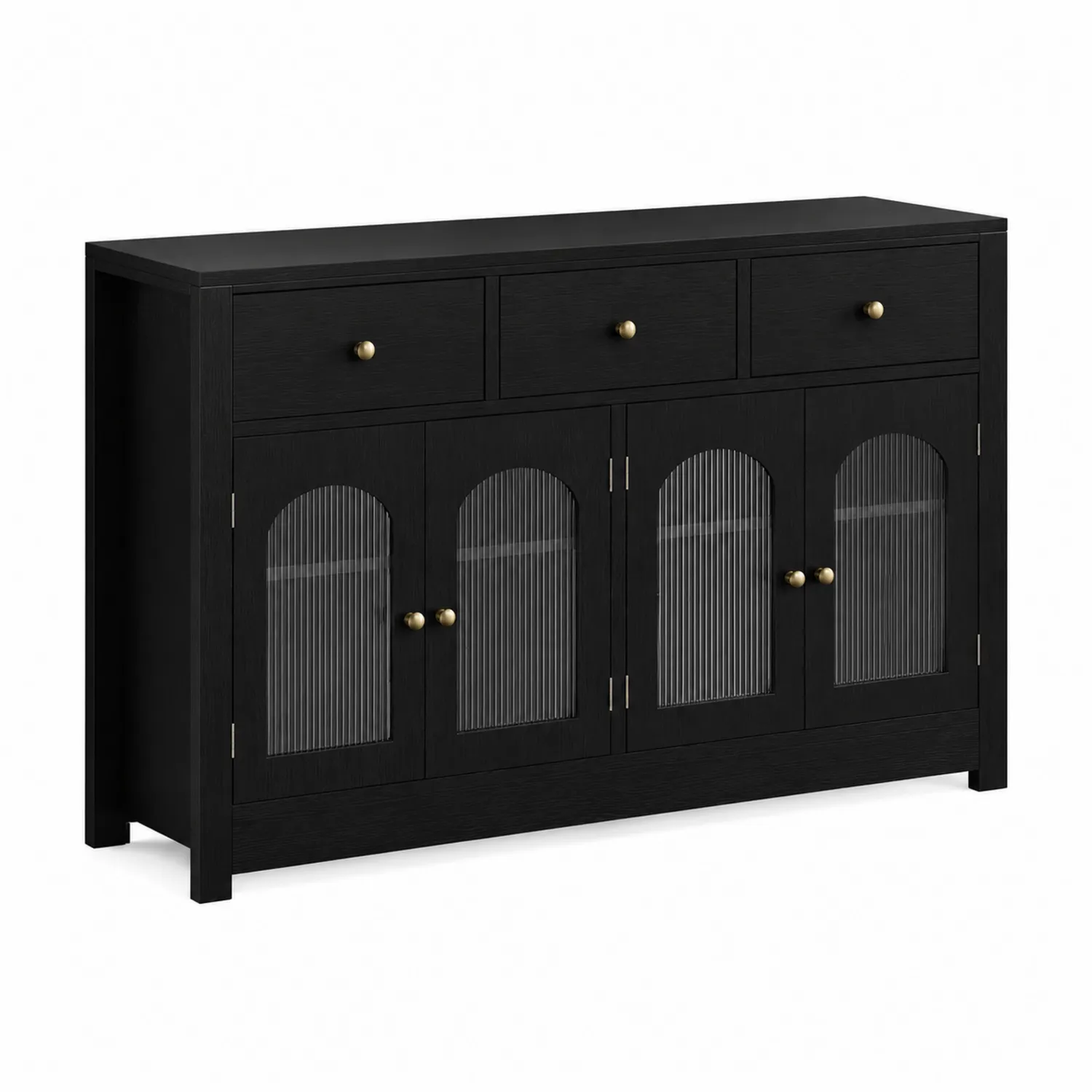 Credenza in Legno e Vetro Temperato Nera con 3 Cassetti