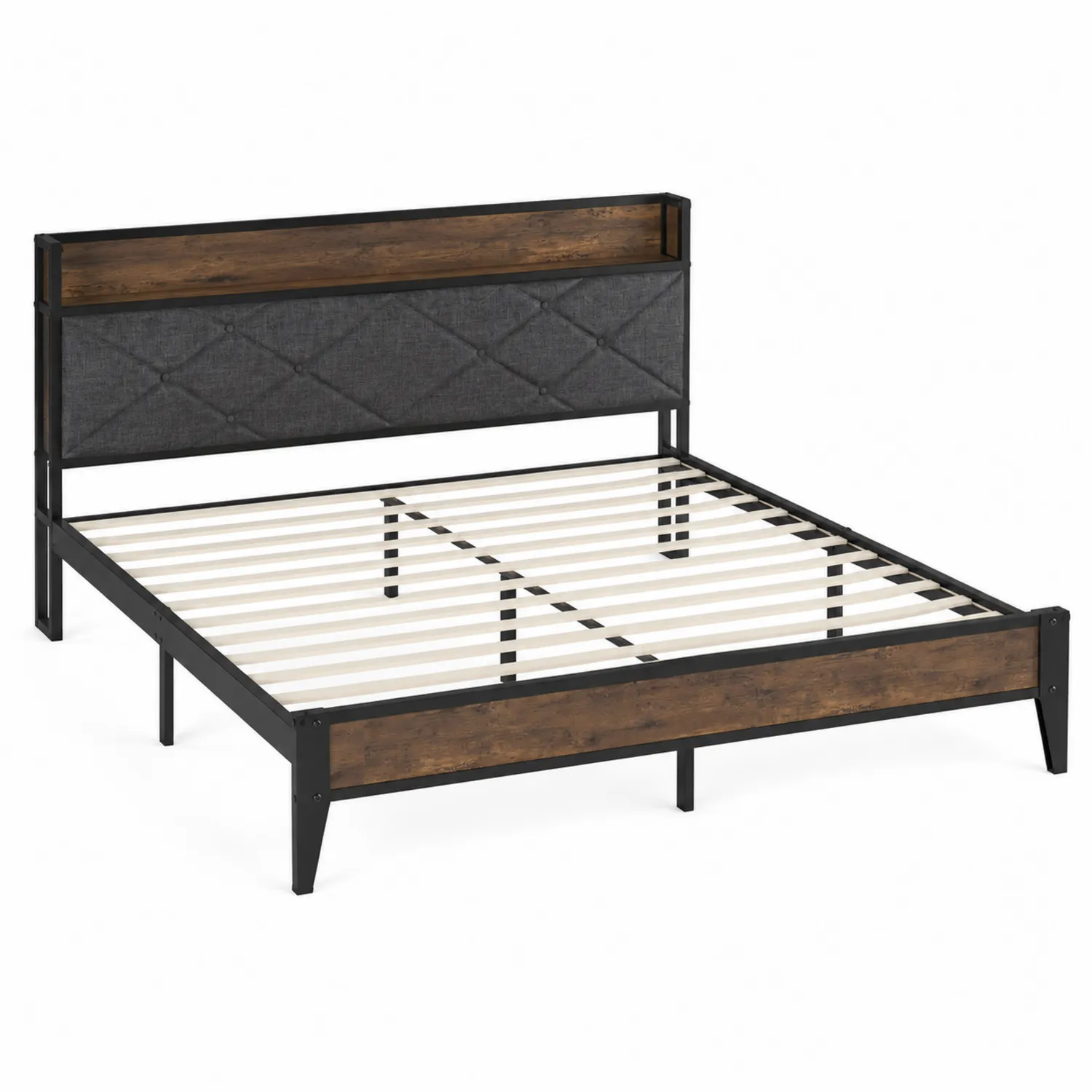 Letto Matrimoniale in Metallo e Legno con Testiera Imbottita 200x160 cm