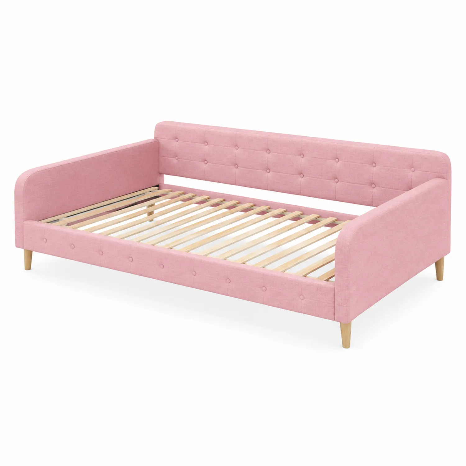 Letto in Tessuto Rosa con Struttura in Legno