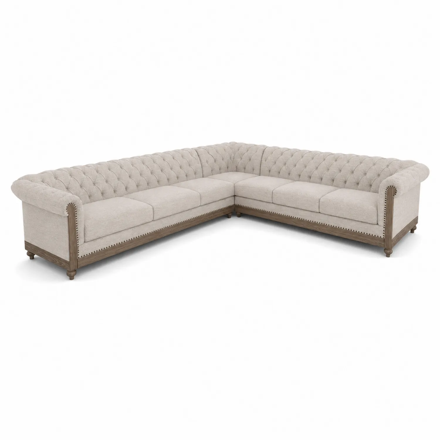Divano angolare a L in legno e tessuto beige 290x290 cm