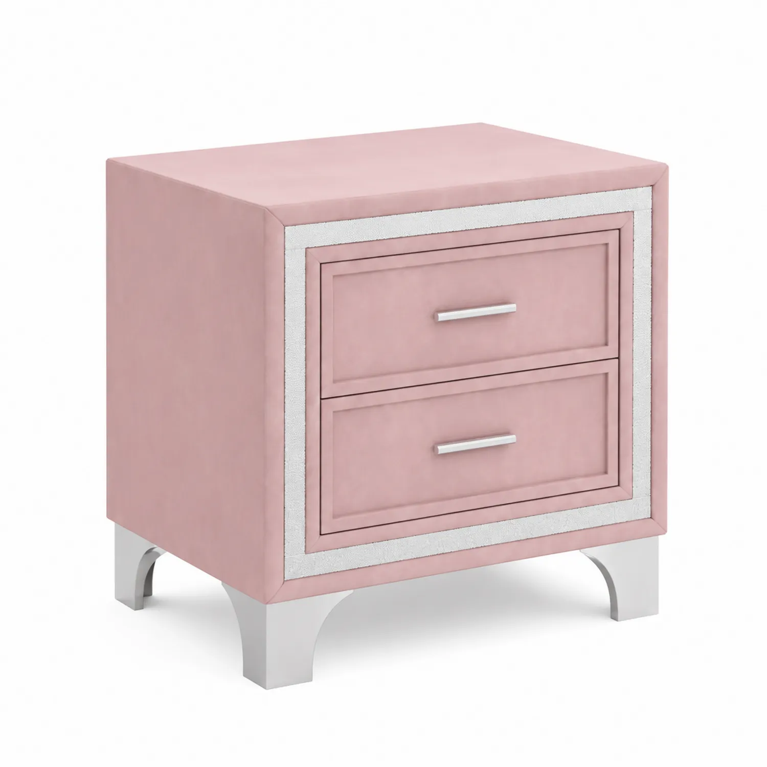 Comodino a 2 cassetti in tessuto sintetico e metallo rosa