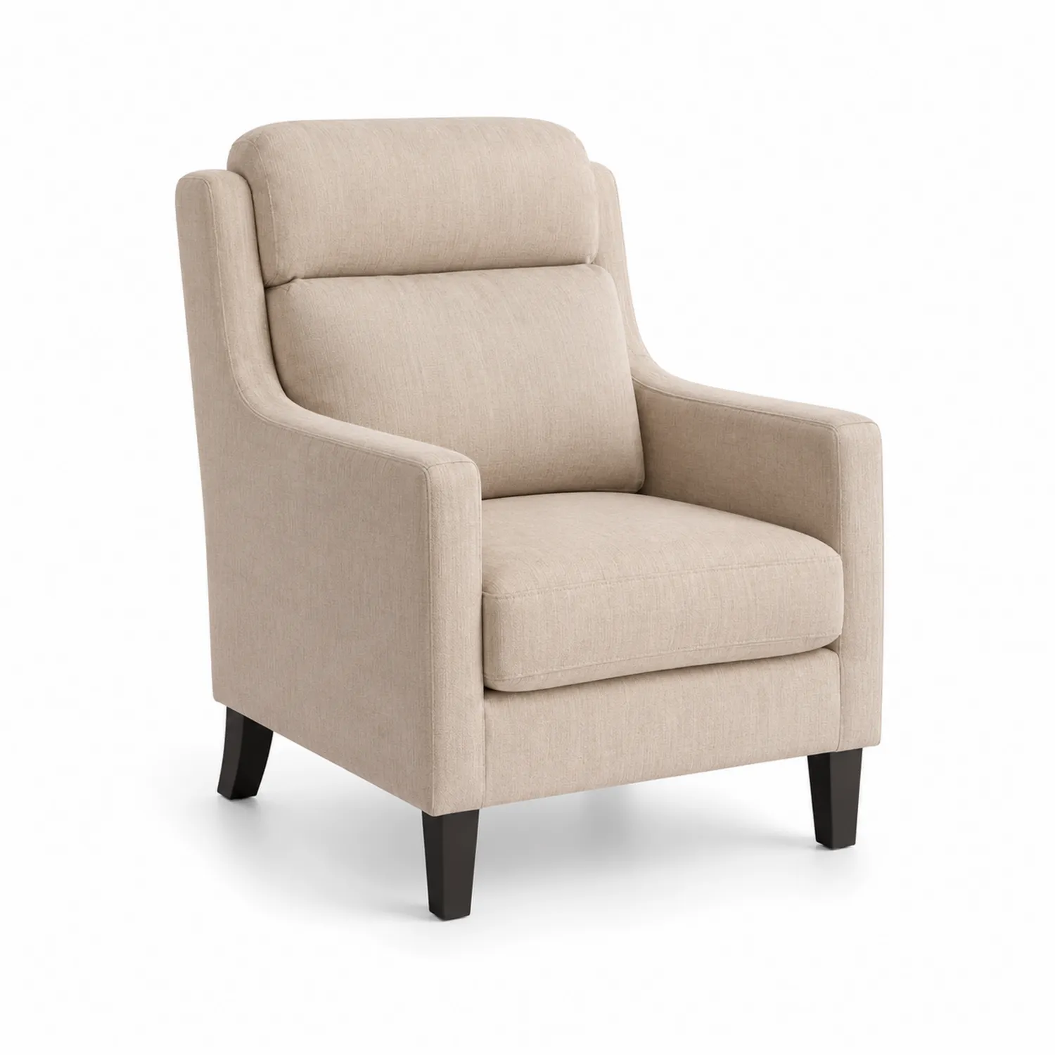 Poltrona in tessuto beige con schienale alto, struttura in legno, 80x75x100 cm