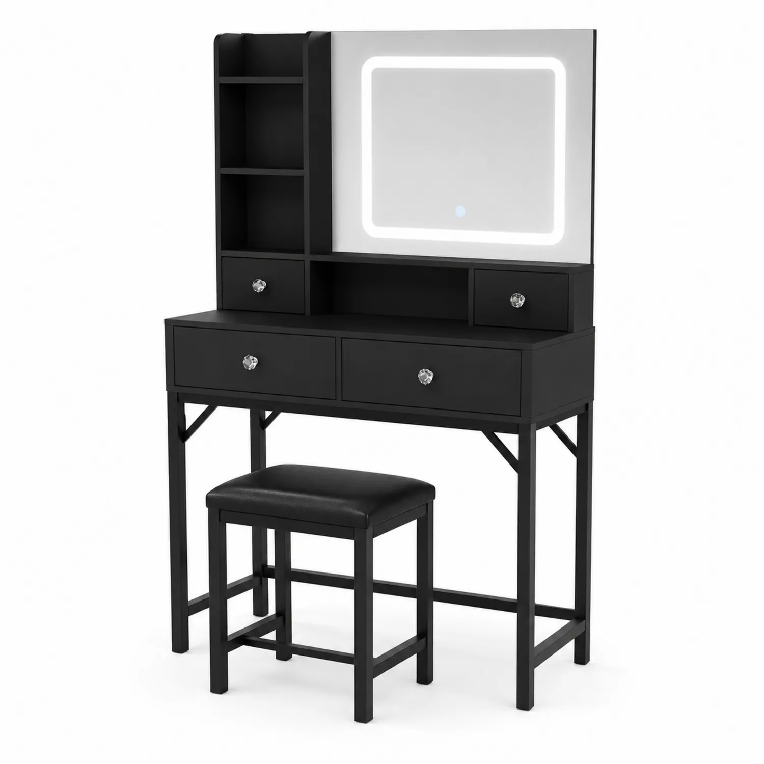 Tavolo da Trucco LED in Legno e Metallo con Specchio e Sgabello Nero