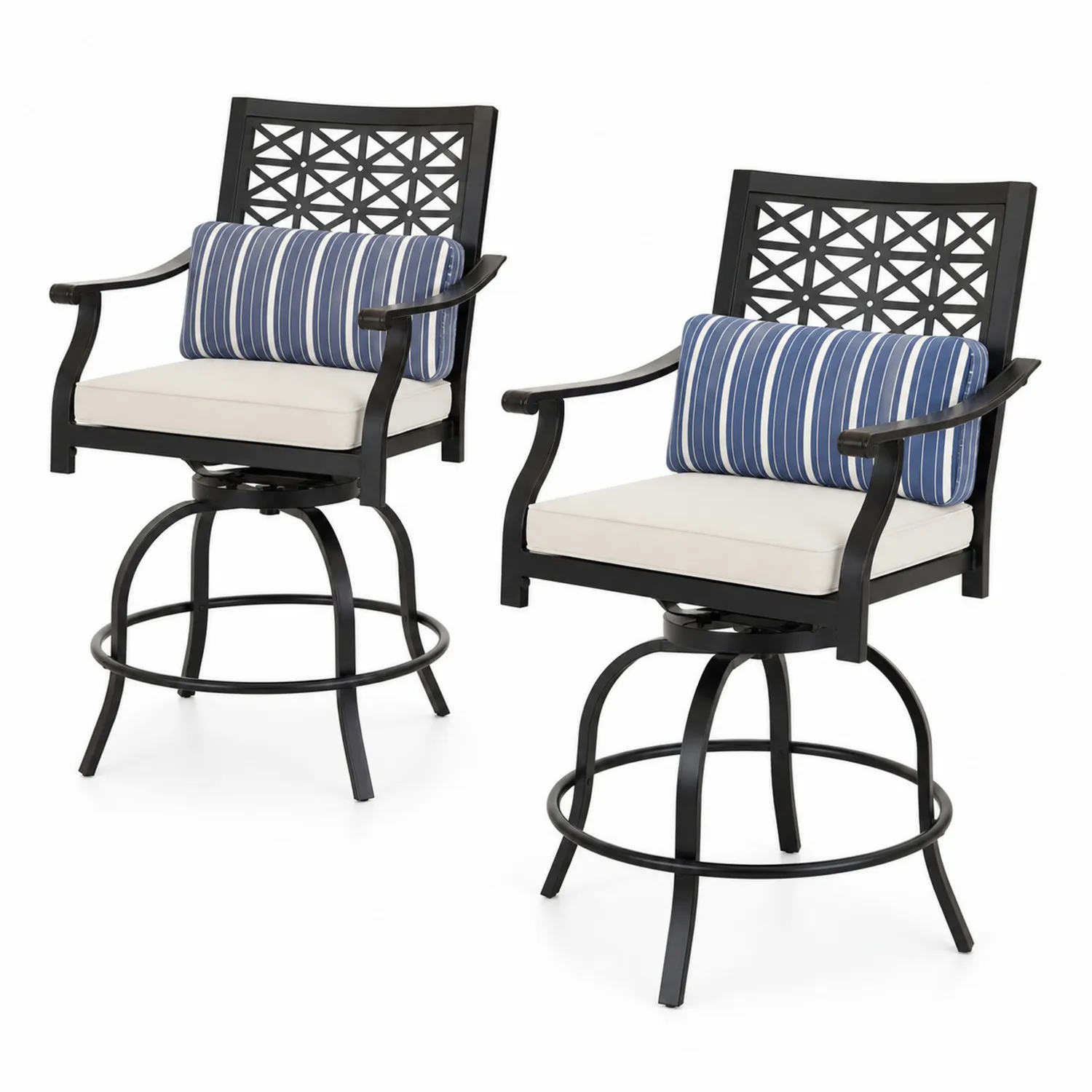 Set di 2 sedie girevoli da esterno in metallo nero con cuscini blu a righe