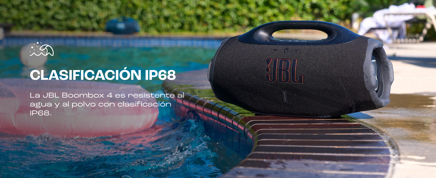 El texto dice «CLASIFICACIÓN IP68». Las imágenes muestran las pruebas de dispositivos a prueba de agua en piscinas o entornos acuáticos con iluminación subacuática.