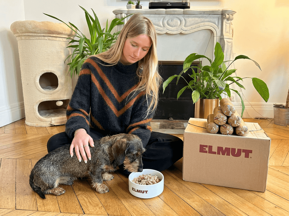 Teckel avec nourriture fraiche chien Elmut