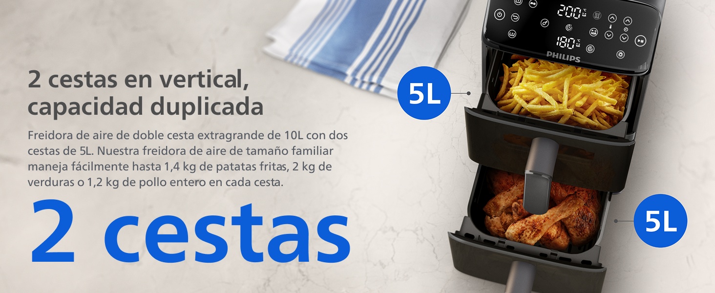 El texto dice «2 cestas» y «5L». Imagen dividida que muestra cestas de freidoras con comida frita, destacando el diseño de doble cesta con capacidad de 5 litros.