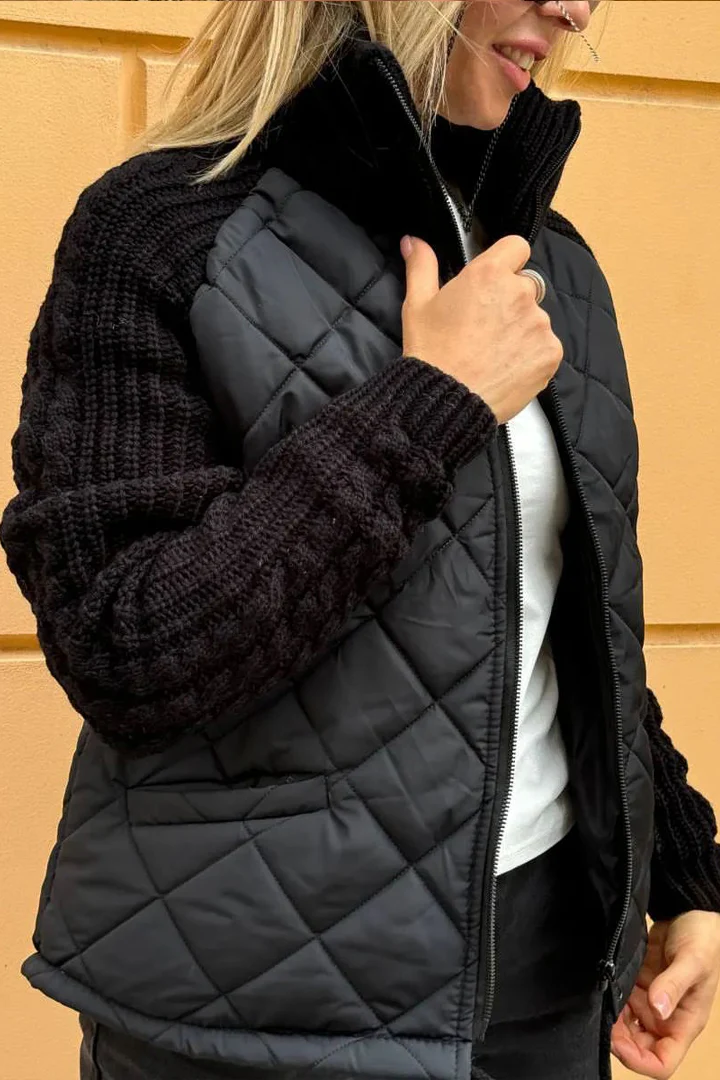 Casual Solid Color Knitted Patchwork Zipped Jacket